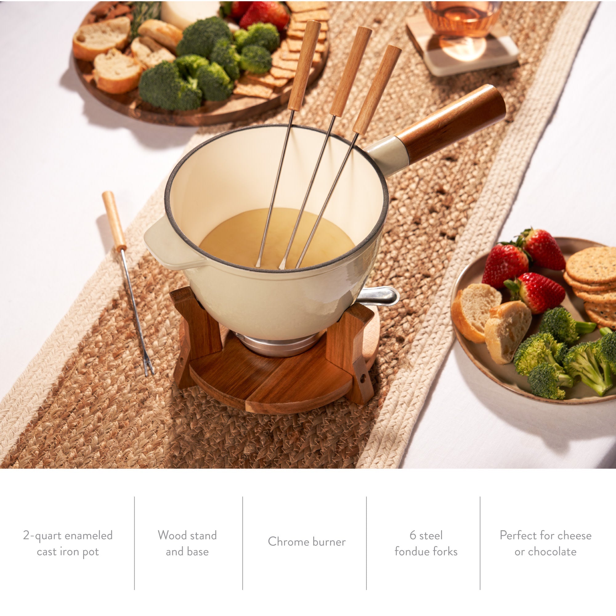 Wood and Cast Iron Fondue Set in Beige