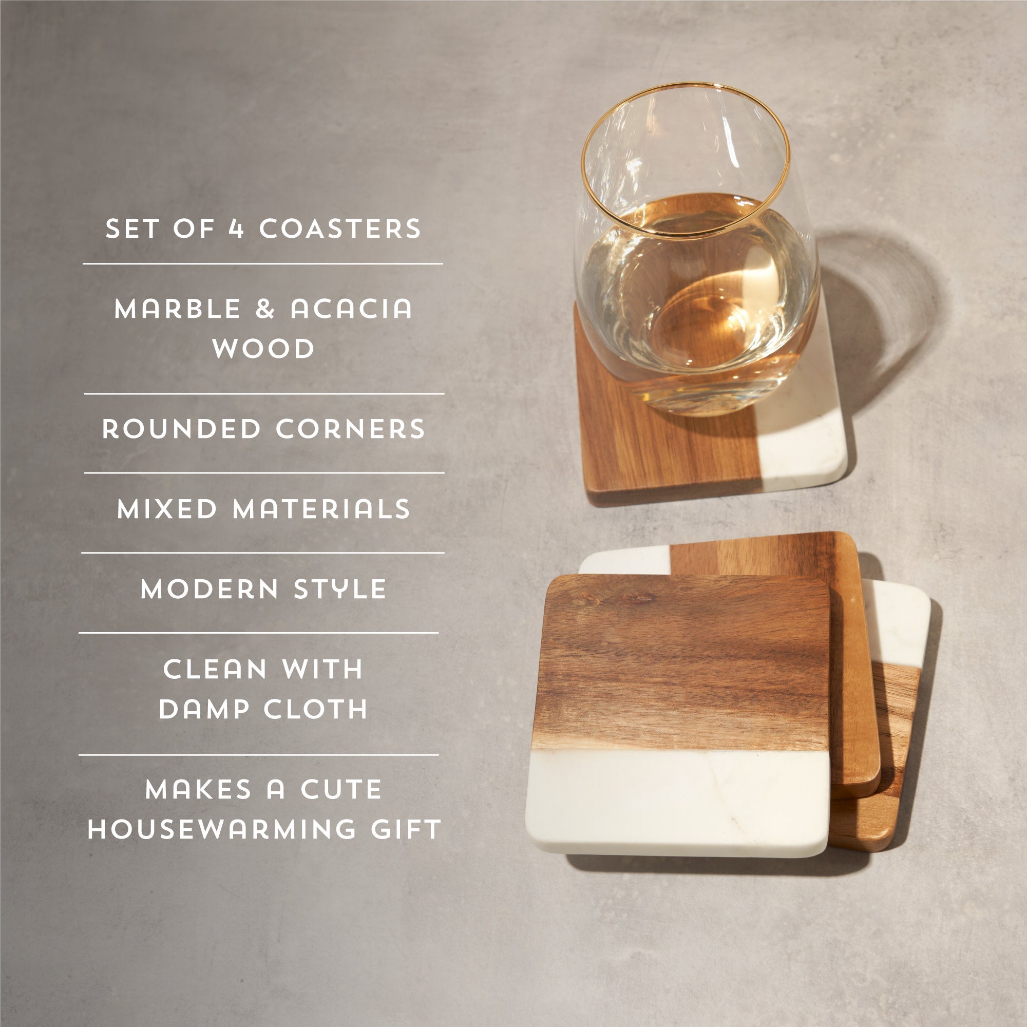 Marble & Acacia Coaster Set