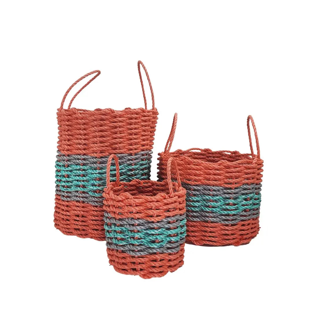 Lobster Rope Storage Basket Coral Orange and Teal with Gray Accents - MaisonBeach