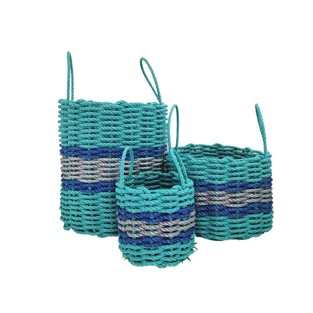 Authentic Maine Lobster Rope Storage Basket Teal and Light Gray with Blue Accents - MaisonBeach