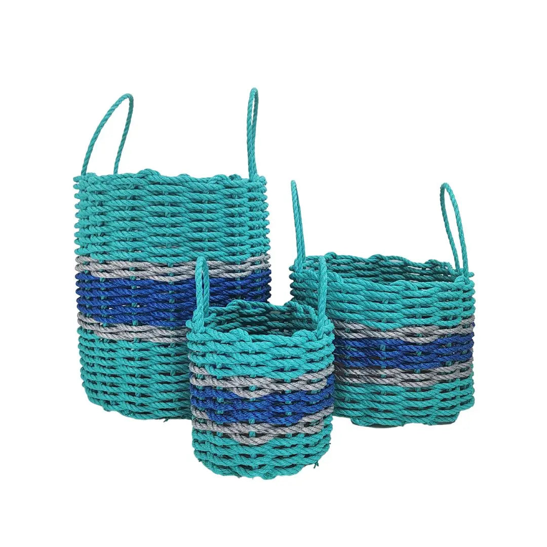 Authentic Maine Lobster Rope Storage Basket Teal and Blue with Light Gray Accents - MaisonBeach