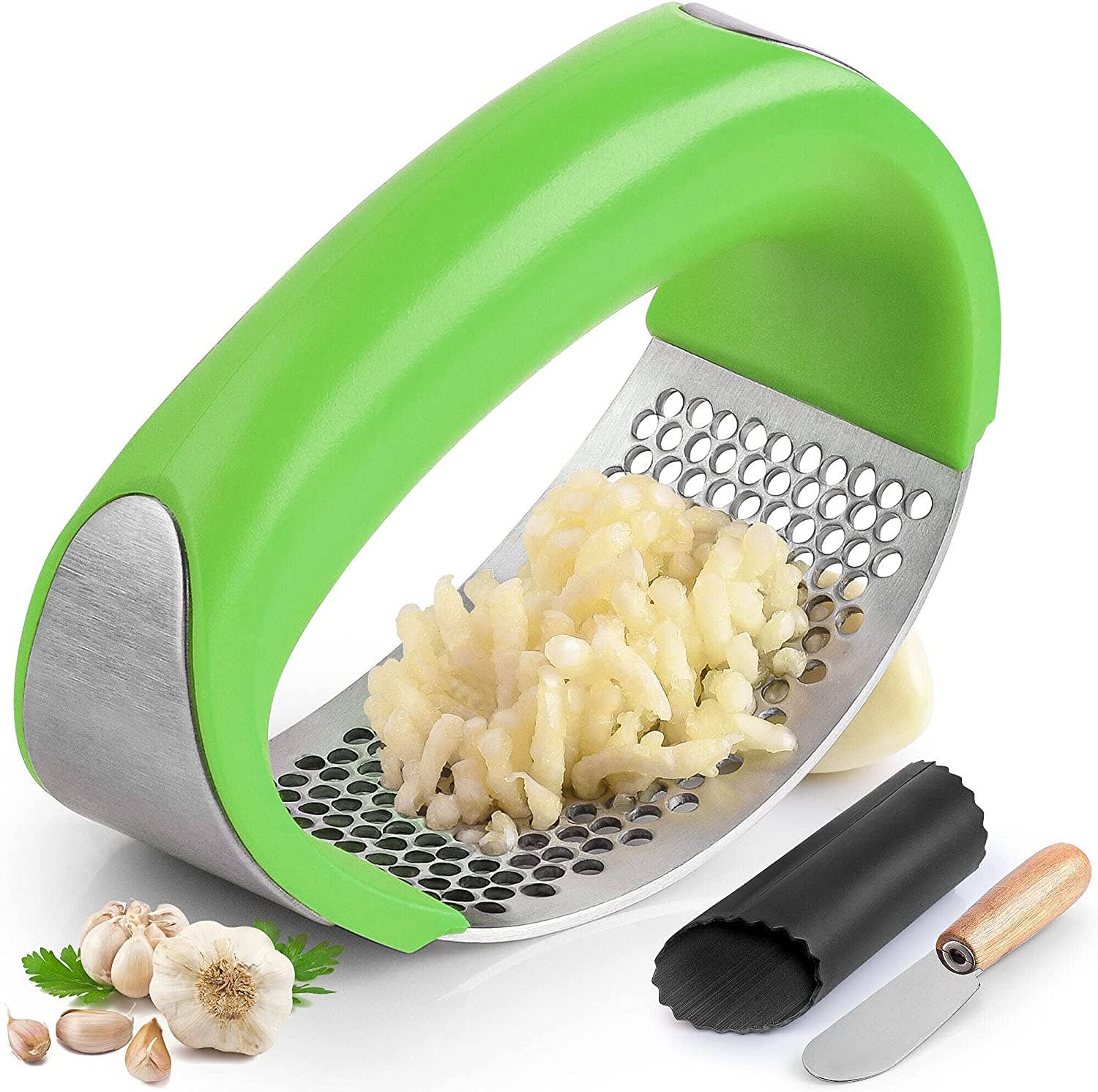 Garlic Press Rocker With Silicone Peeler & Scraper Set - MaisonBeach