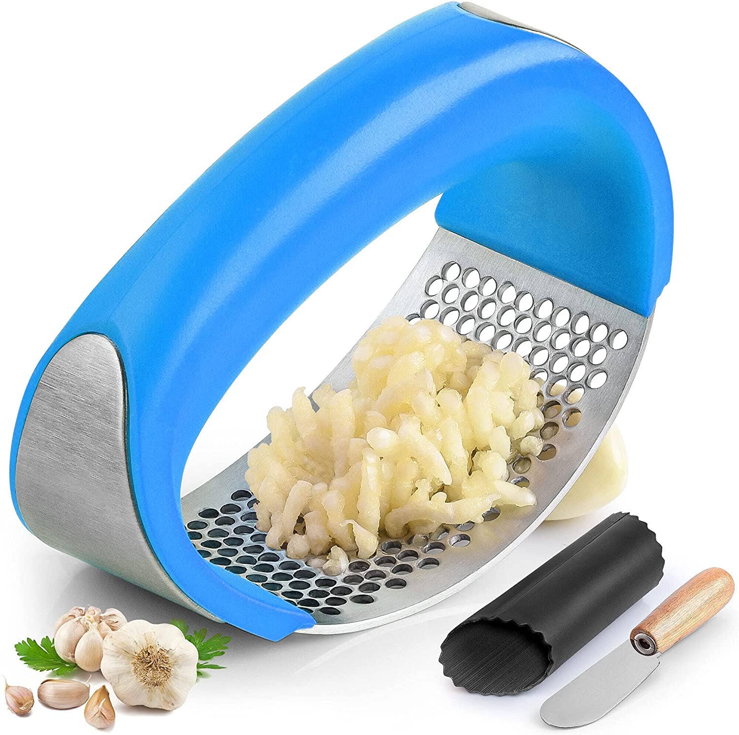 Garlic Press Rocker With Silicone Peeler & Scraper Set - MaisonBeach