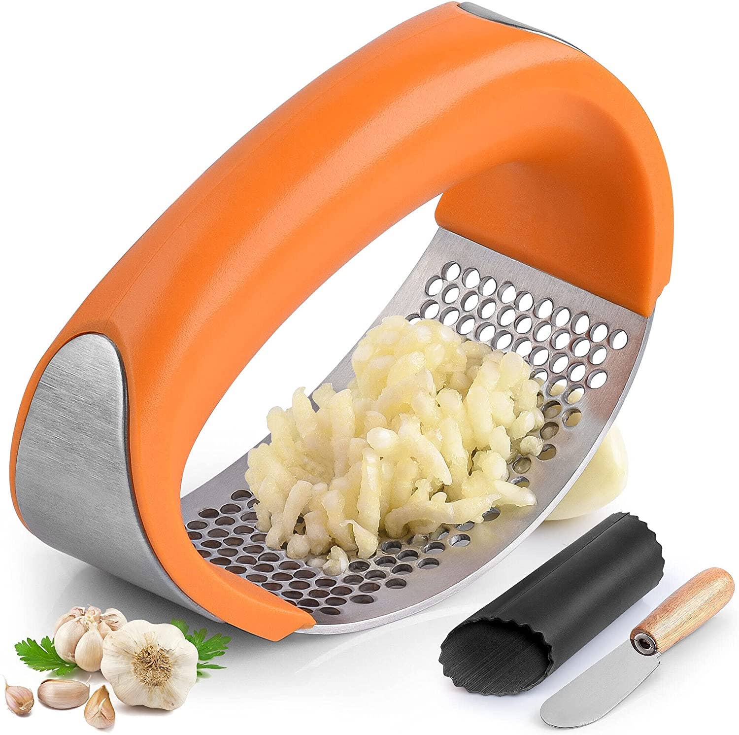 Garlic Press Rocker With Silicone Peeler & Scraper Set - MaisonBeach