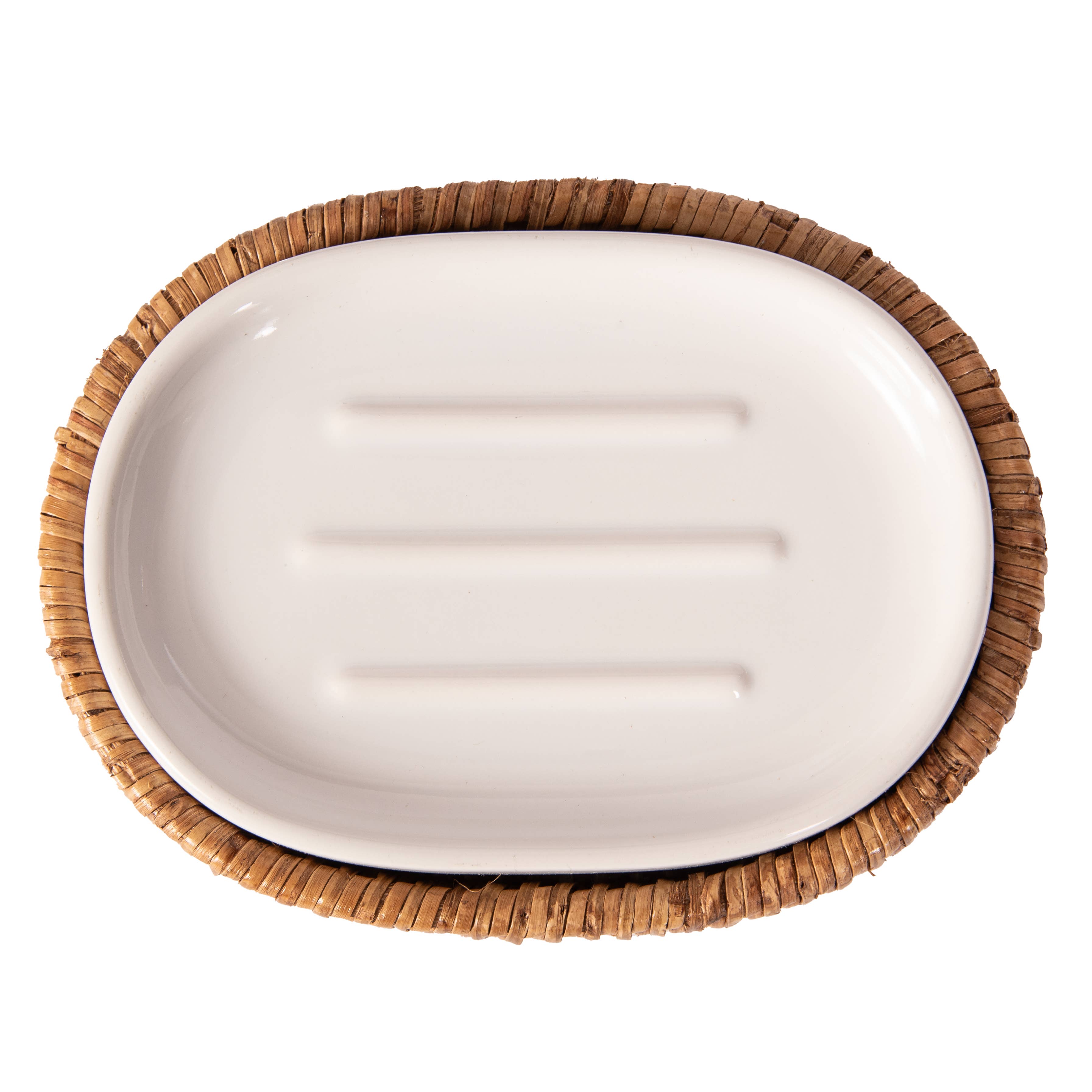 Rattan Oval Soap Dish with Ceramic Insert – Handwoven & Eco-Friendly - MaisonBeach