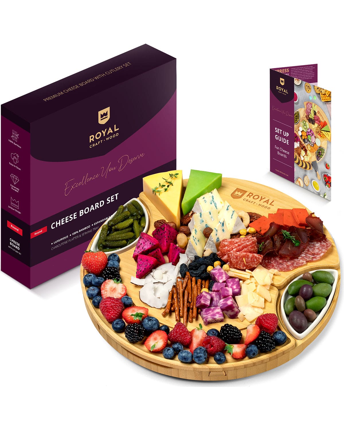 Large Round Bamboo Cheese Board – Charcuterie & Serving by Royal Craft Wood - MaisonBeach