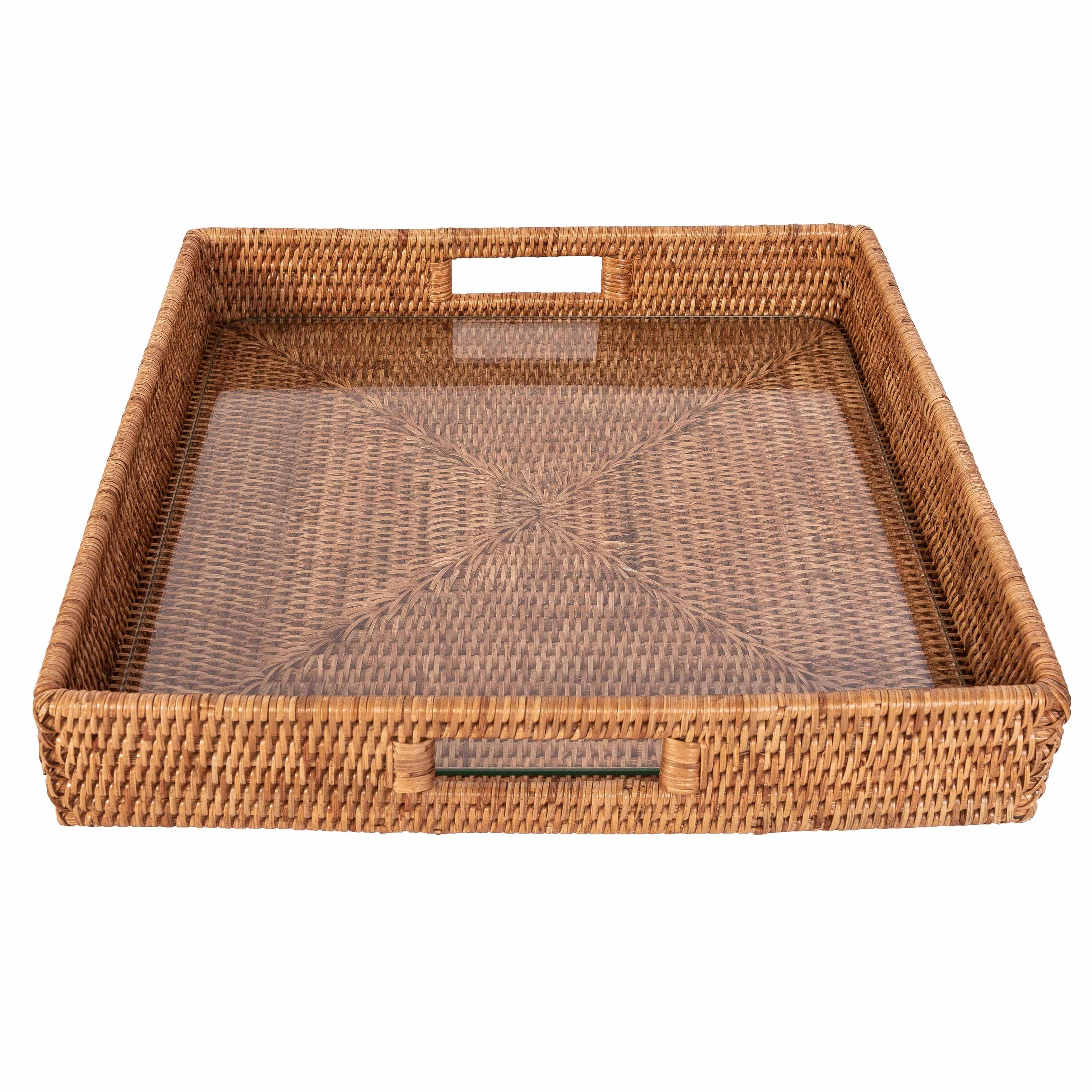 16" Rattan Square Serving Ottoman Tray with Glass Insert:  White Wash