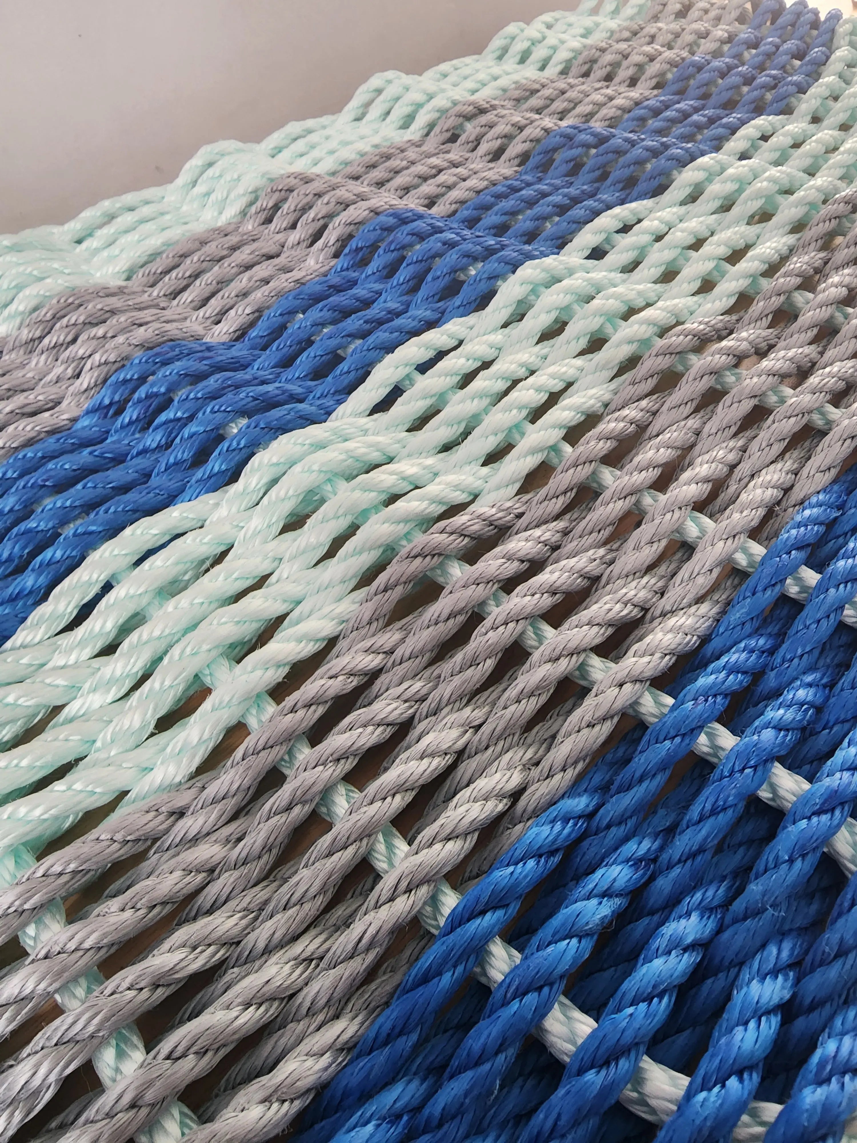 Six Stripe Rope Mat made with Lobster Rope Blue Gray and Seafoam - MaisonBeach