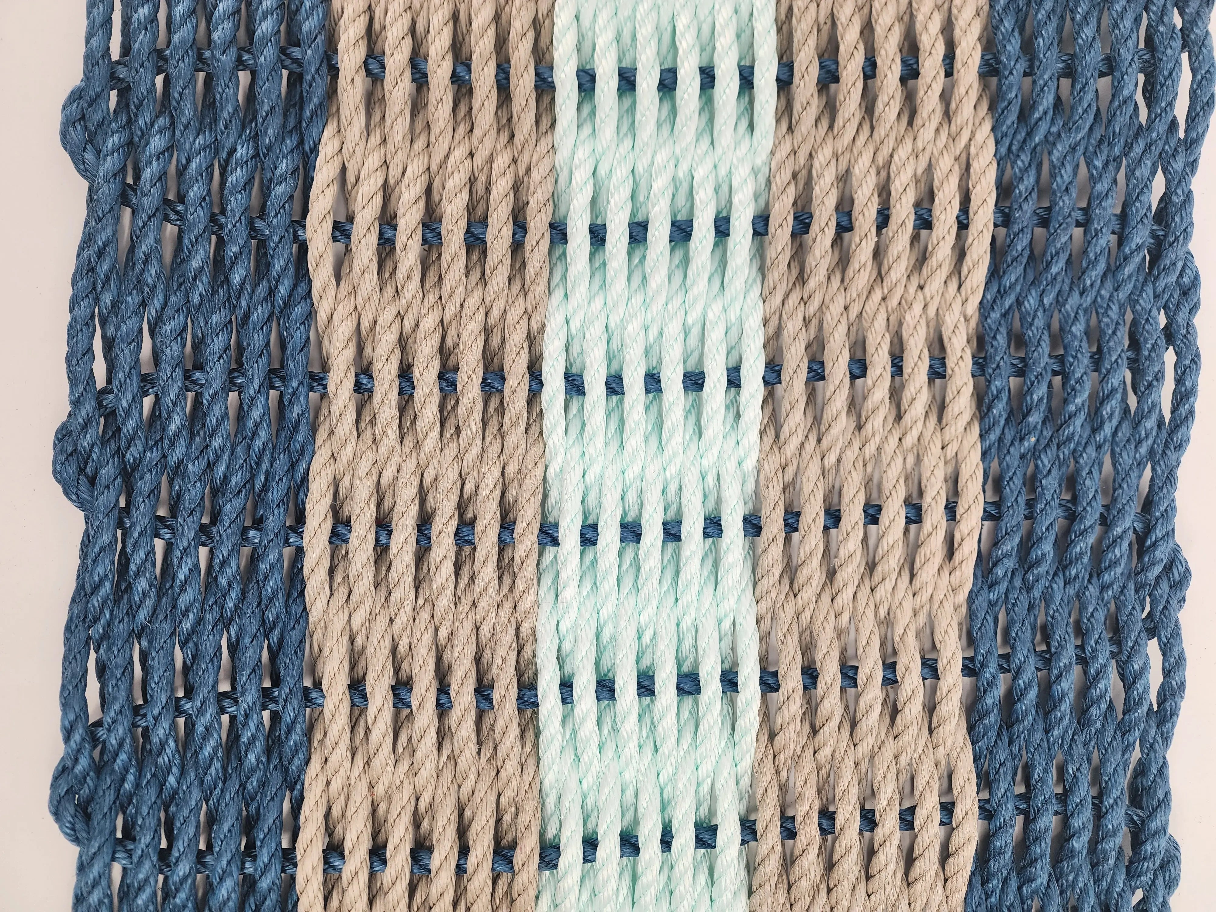 Five Stripe Rope Mat made with Lobster Rope Navy, Tan and Seafoam - MaisonBeach
