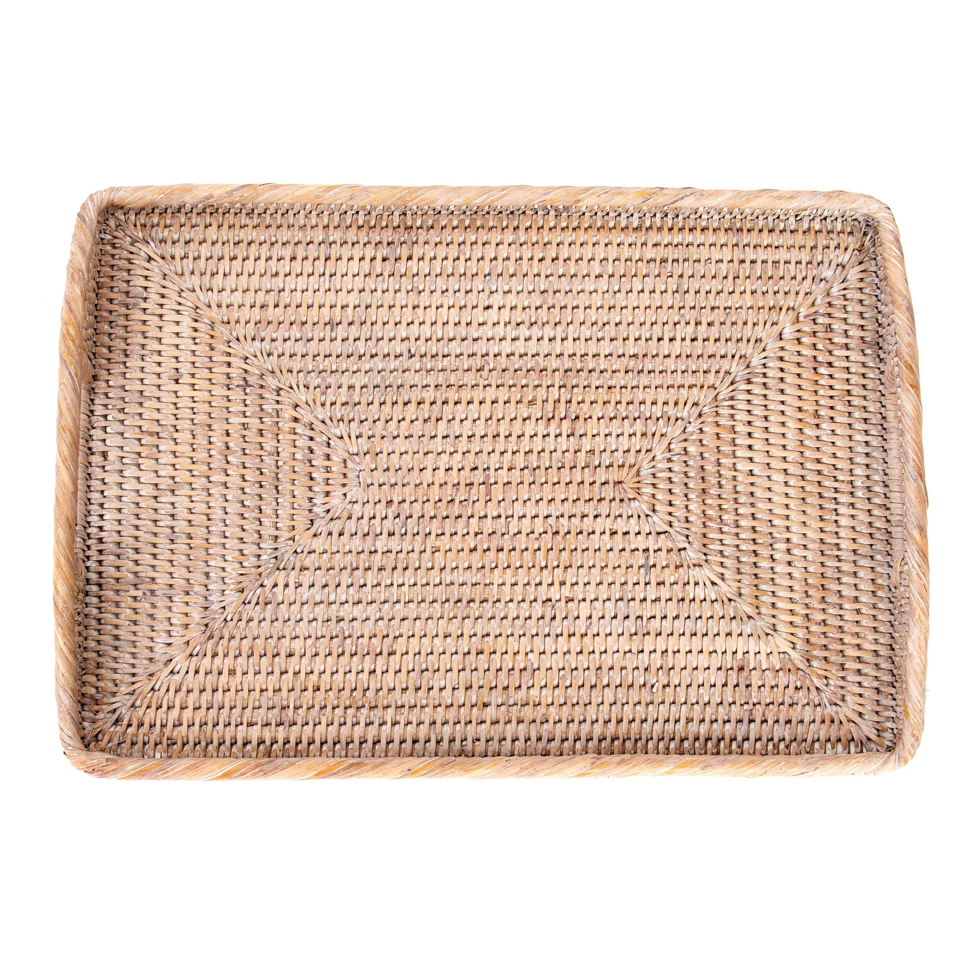 Artifacts Trading Company - Artifacts Rattan™ Rectangular Serving Tray With High Handles: White Wash / 14"x10" - MaisonBeach
