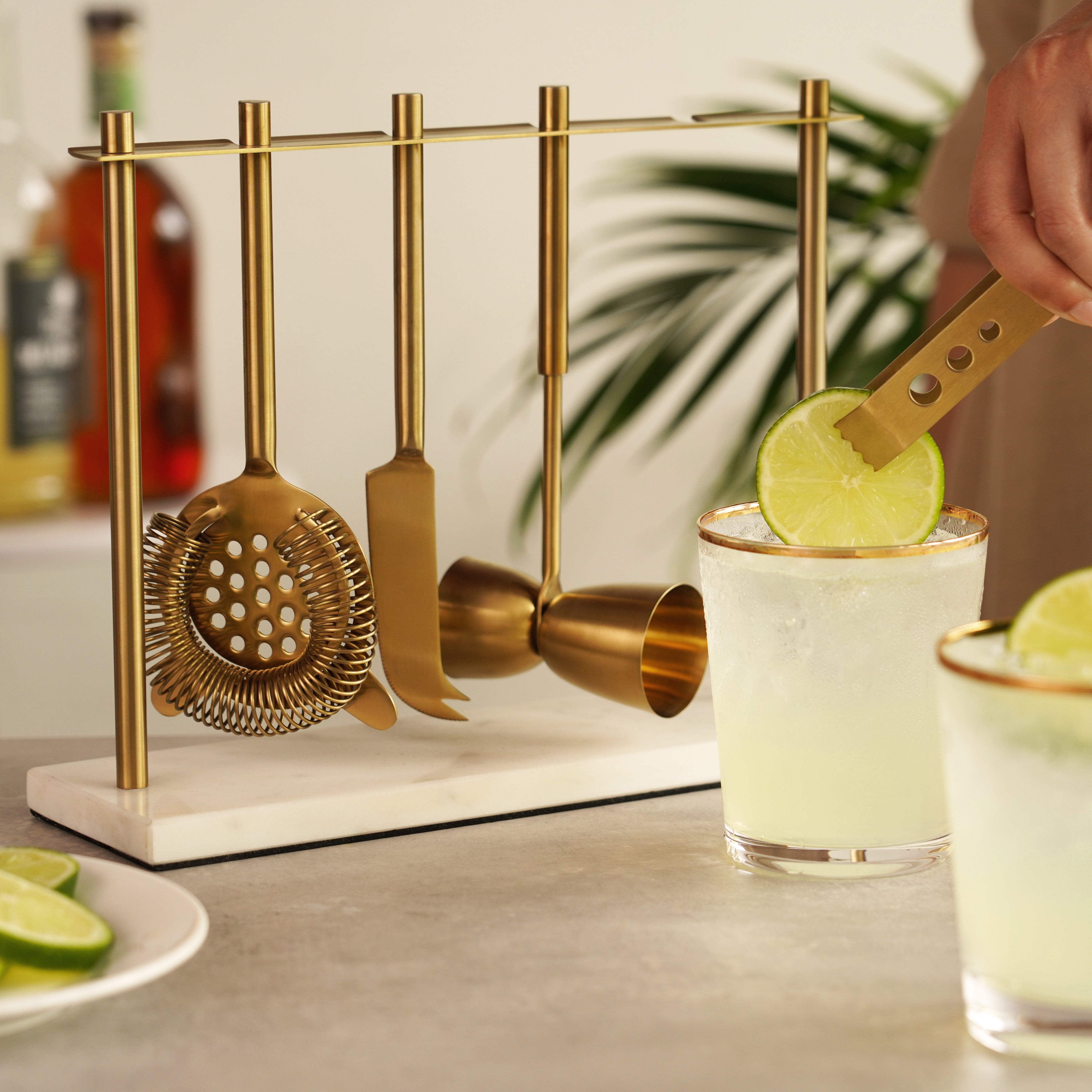 4-Piece Bar Tool Set in Gold with Marble and Stainless Steel Stand - MaisonBeach