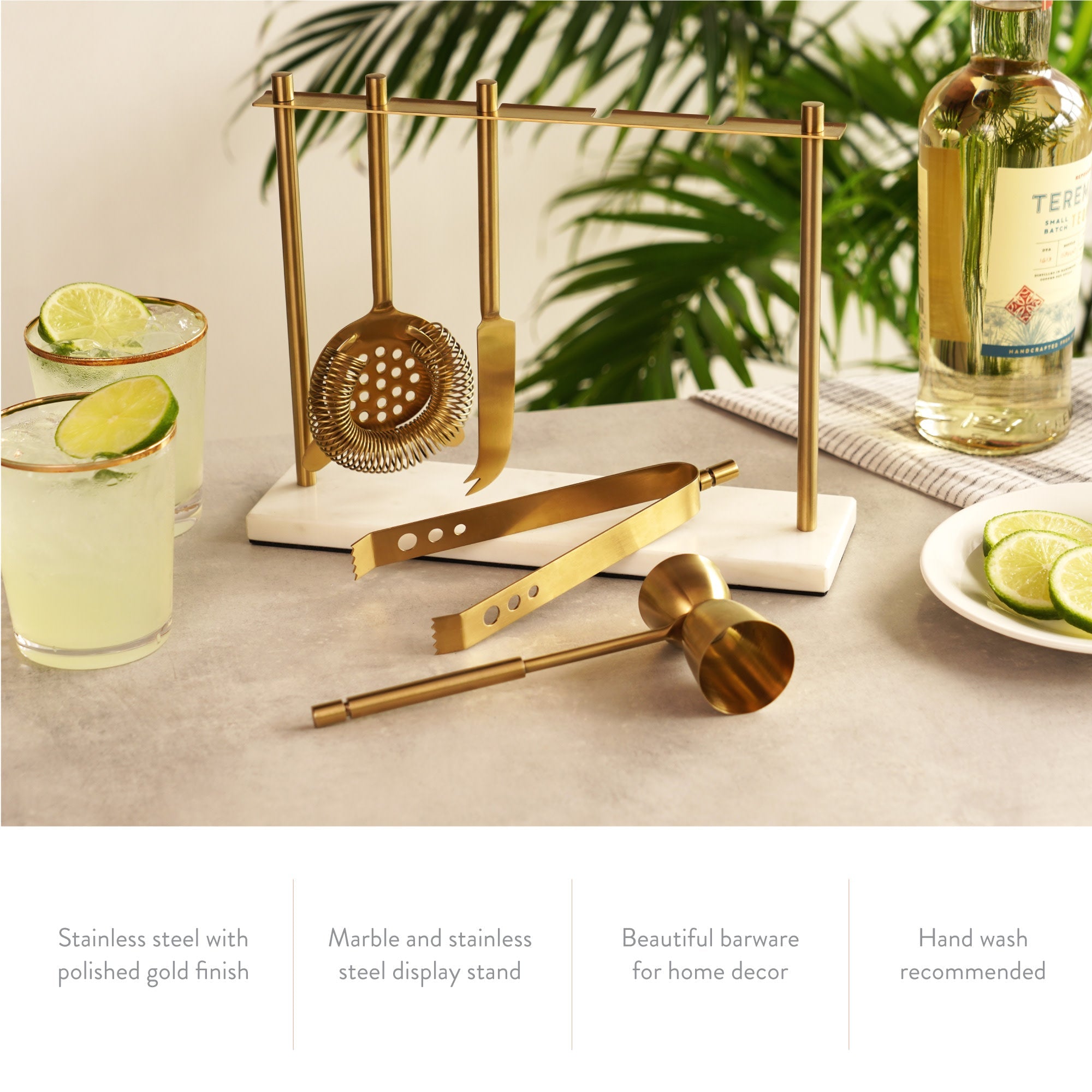 4-Piece Bar Tool Set in Gold with Marble and Stainless Steel Stand - MaisonBeach