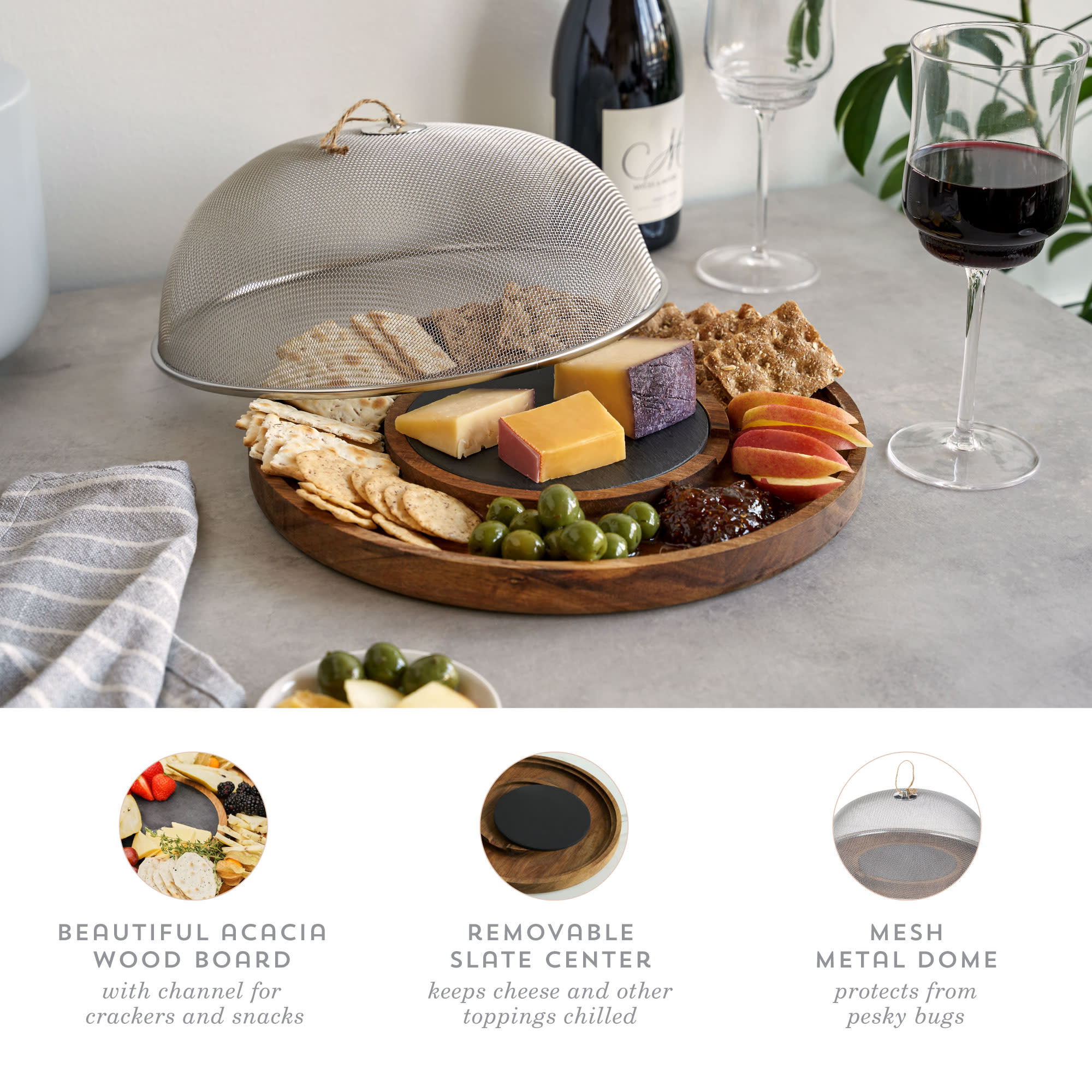 Modern Manor Slate & Acacia Cheese Board with Dome - MaisonBeach