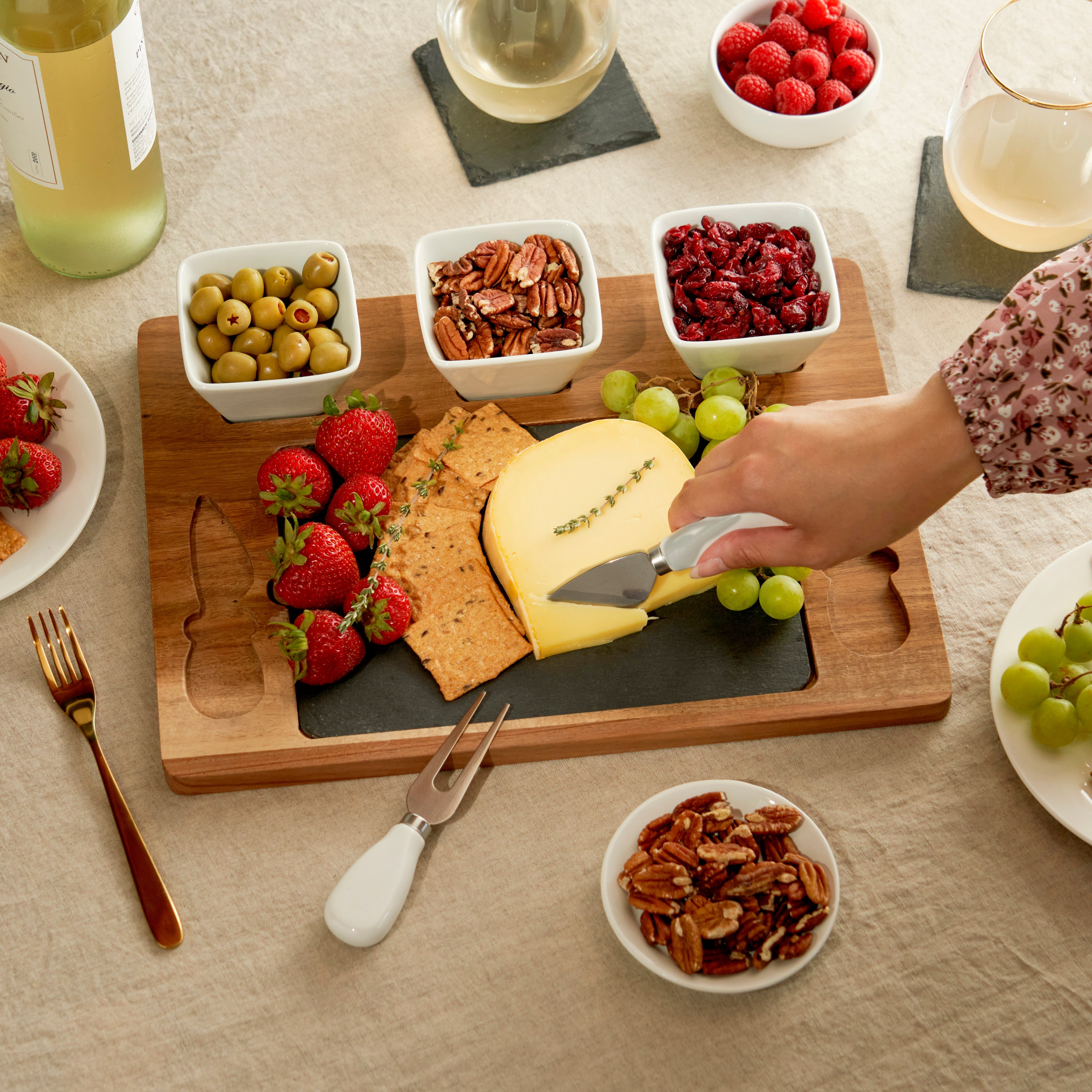 Acacia & Slate Cheese Board Set with Ceramic Bowls - MaisonBeach