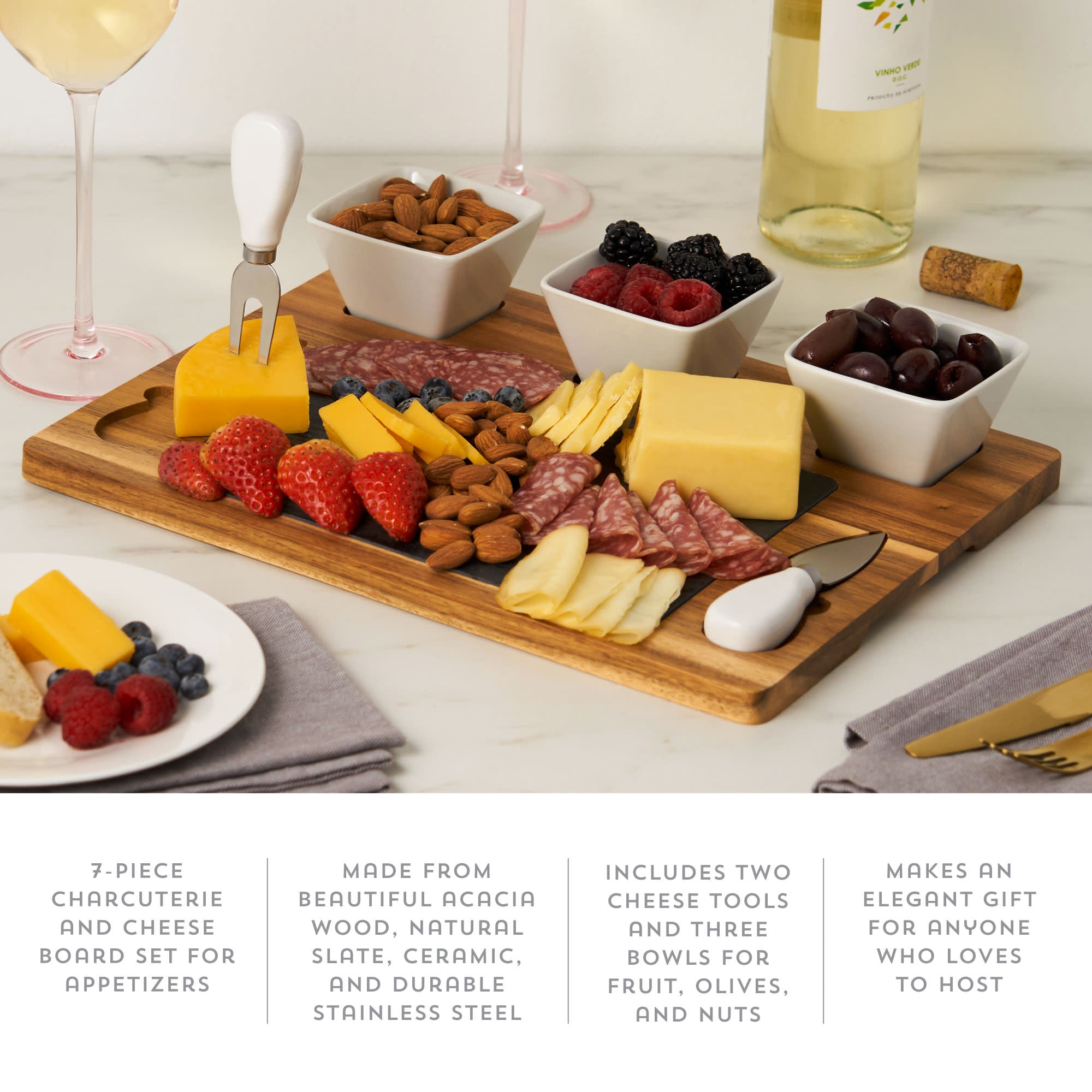 Acacia & Slate Cheese Board Set with Ceramic Bowls - MaisonBeach
