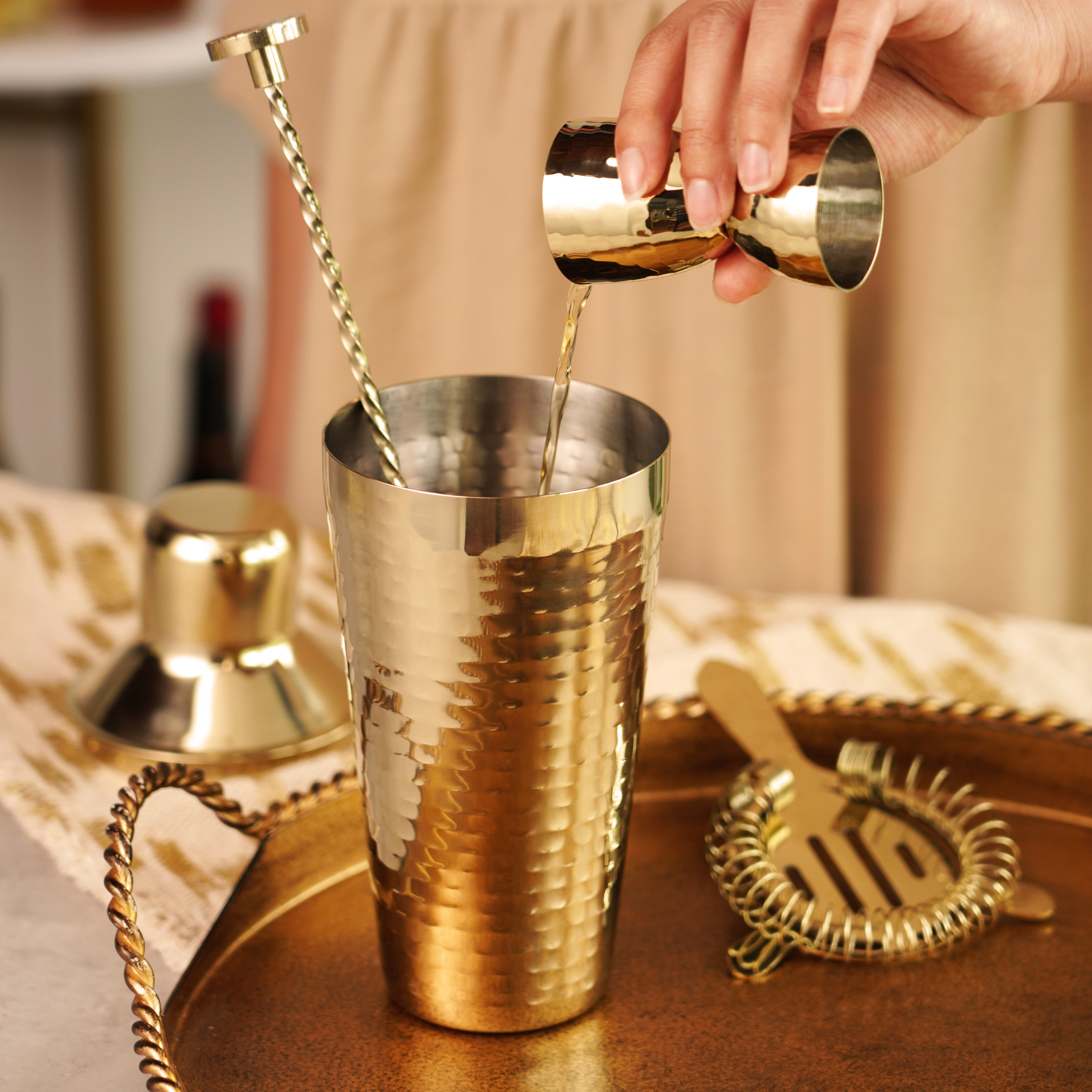 Hammered 4-Piece Barware Set in Gold - MaisonBeach