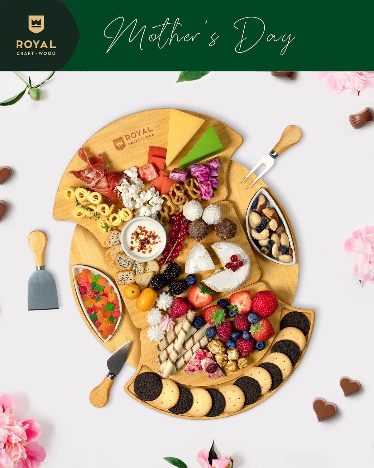Large Round Bamboo Cheese Board – Charcuterie & Serving by Royal Craft Wood - MaisonBeach