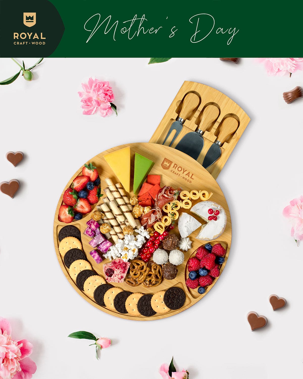 Round Bamboo Charcuterie Board – Royal Craft Wood Serving Tray - MaisonBeach