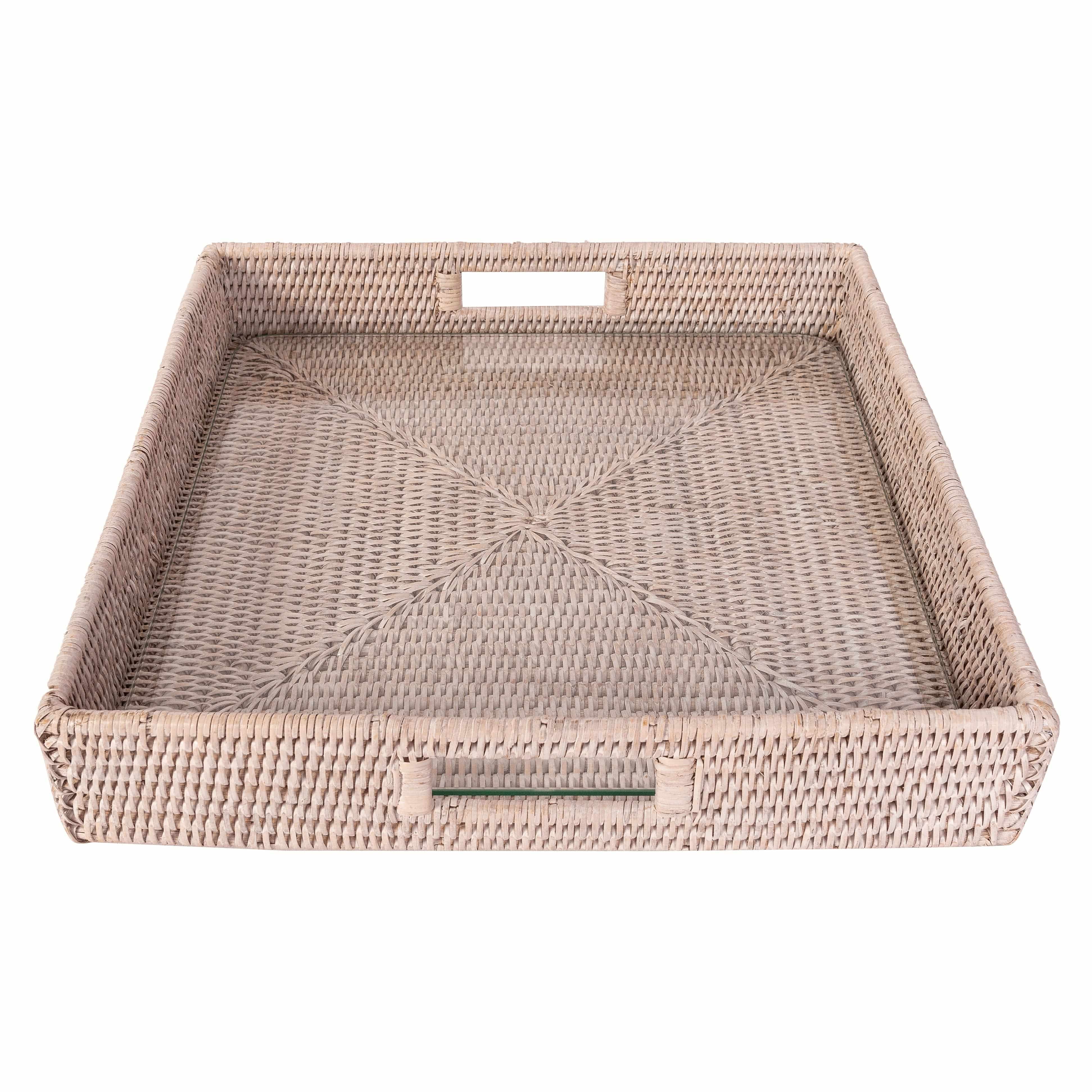 16" Rattan Square Serving Ottoman Tray with Glass Insert:  White Wash