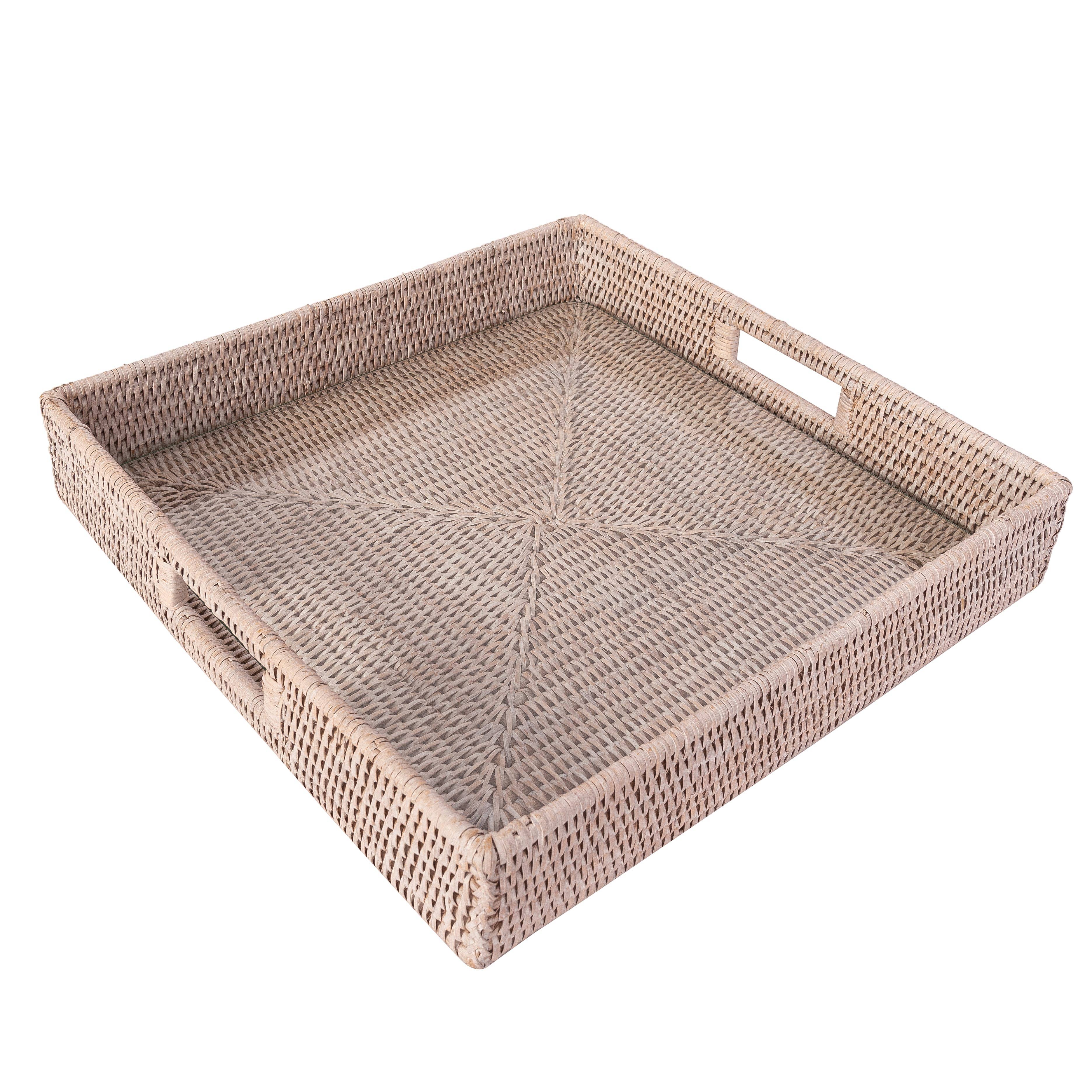 16" Rattan Square Serving Ottoman Tray with Glass Insert:  White Wash