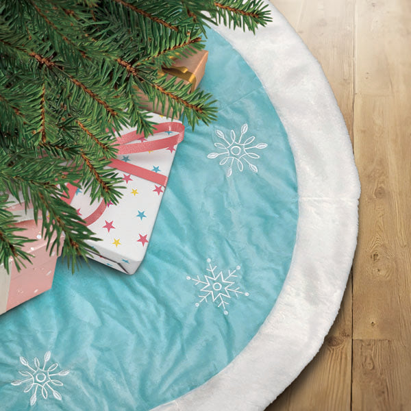 48" Pastel Blue Snowflake Embroidered Tree Skirt With Faux Fur Trim - MaisonBeach