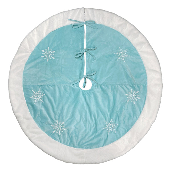 48" Pastel Blue Snowflake Embroidered Tree Skirt With Faux Fur Trim - MaisonBeach