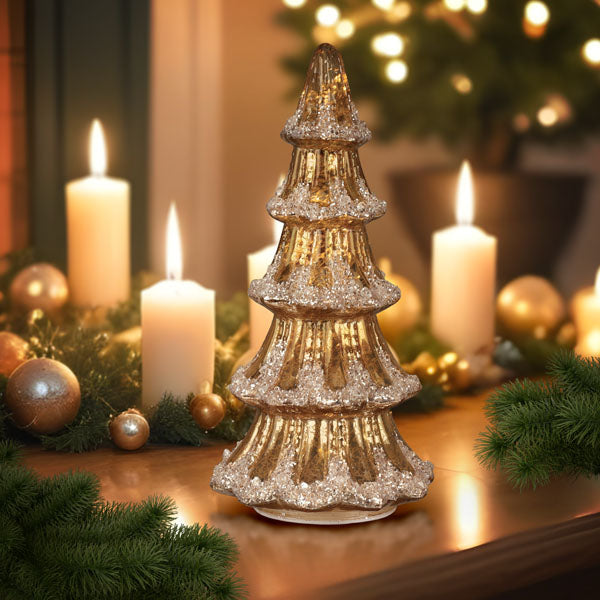 12" Lit Gold Mercury Glass Tabletop Tree - MaisonBeach