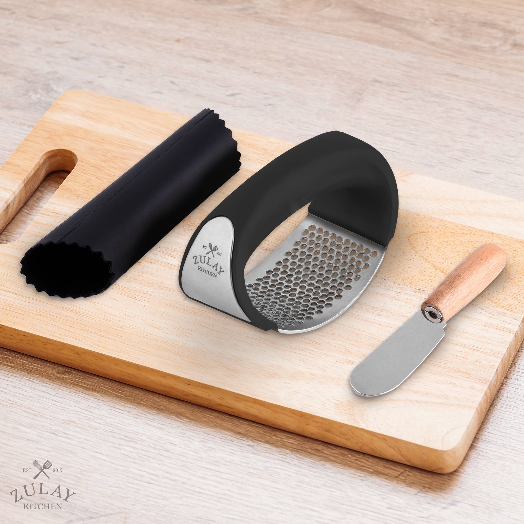 Zulay Kitchen - Garlic Press Rocker With Silicone Peeler & Scraper Set - MaisonBeach