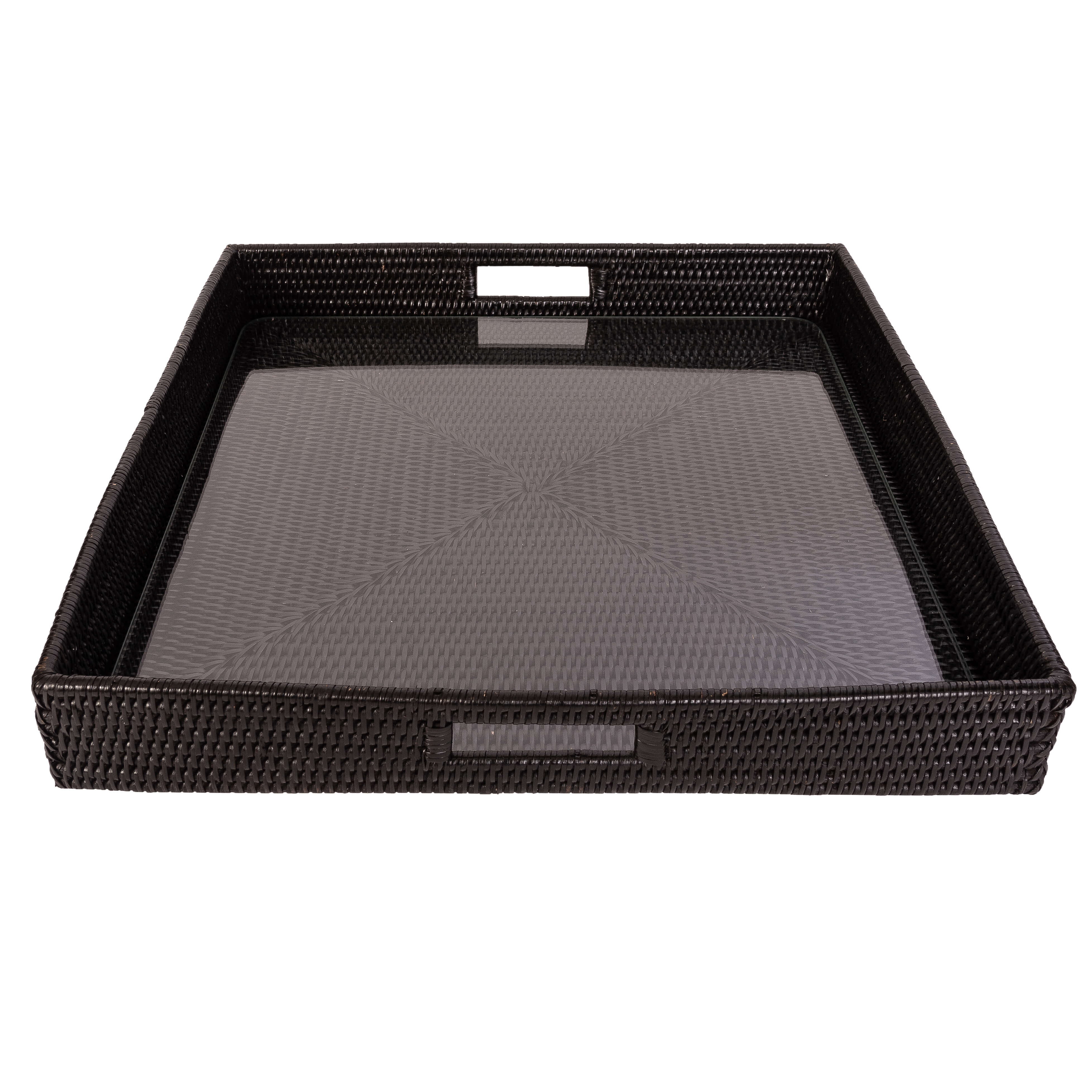 16" Rattan Square Serving Ottoman Tray with Glass Insert:  White Wash