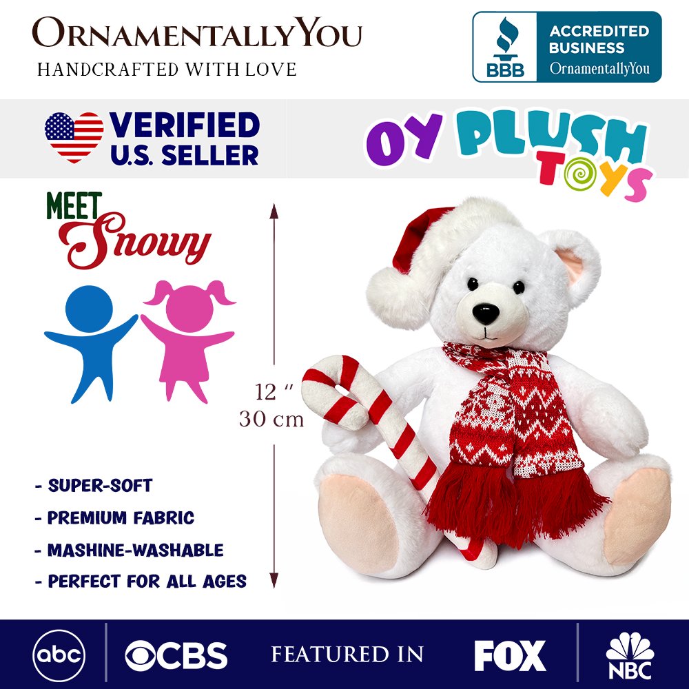 Snowy the Polar Bear Plushie, Cute Kids’ 12" Christmas Stuffed Toy, Santa Hat and Candy Cane - MaisonBeach