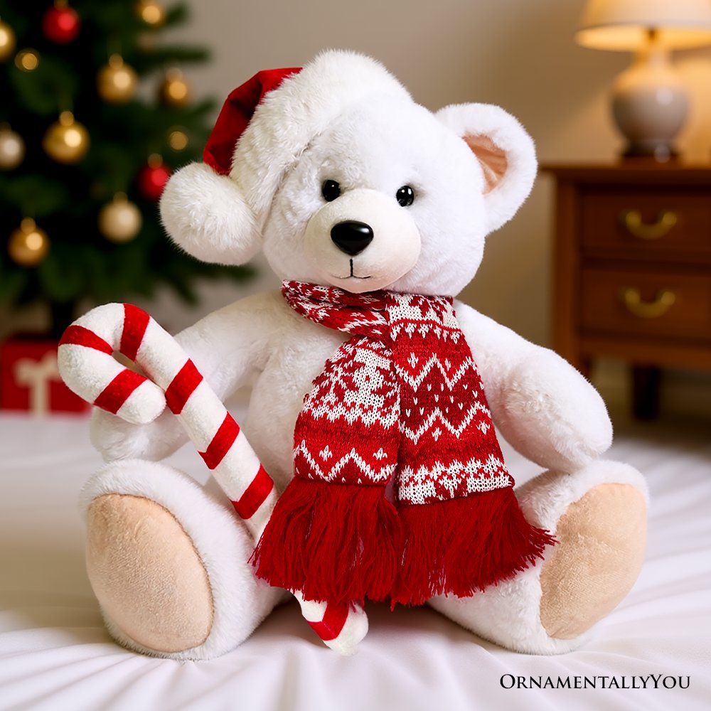 Snowy the Polar Bear Plushie, Cute Kids’ 12" Christmas Stuffed Toy, Santa Hat and Candy Cane - MaisonBeach