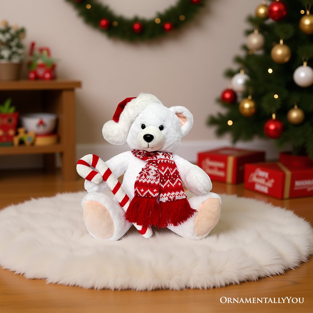 Snowy the Polar Bear Plushie, Cute Kids’ 12" Christmas Stuffed Toy, Santa Hat and Candy Cane - MaisonBeach