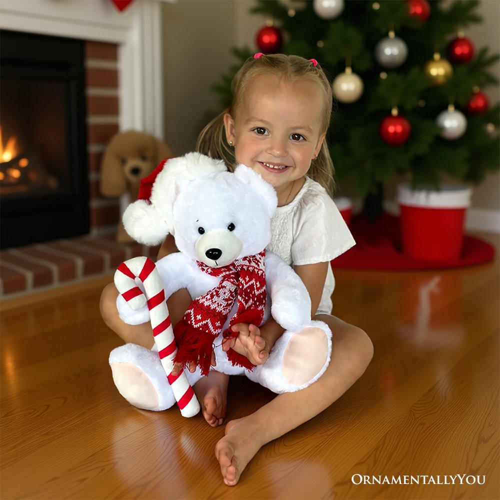 Snowy the Polar Bear Plushie, Cute Kids’ 12" Christmas Stuffed Toy, Santa Hat and Candy Cane - MaisonBeach