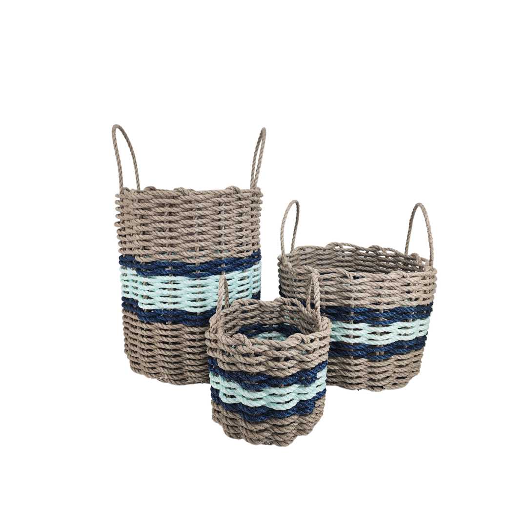 Lobster Rope Basket Tan and Seafoam, Navy Accents - MaisonBeach