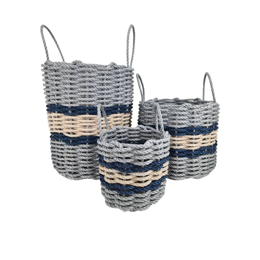 Lobster Rope Basket Light Gray and Light Tan, Navy Accents - MaisonBeach
