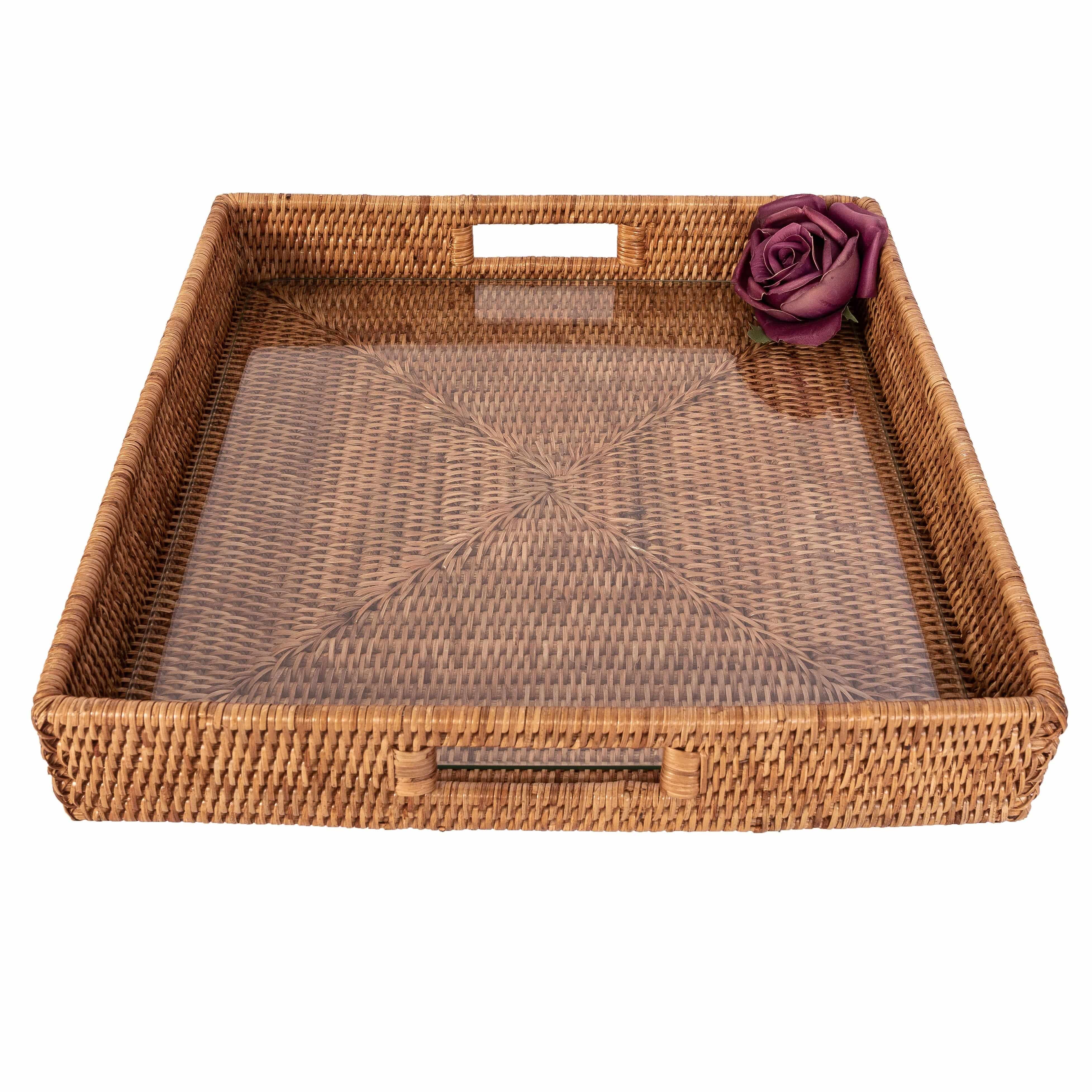 16" Rattan Square Serving Ottoman Tray with Glass Insert:  White Wash