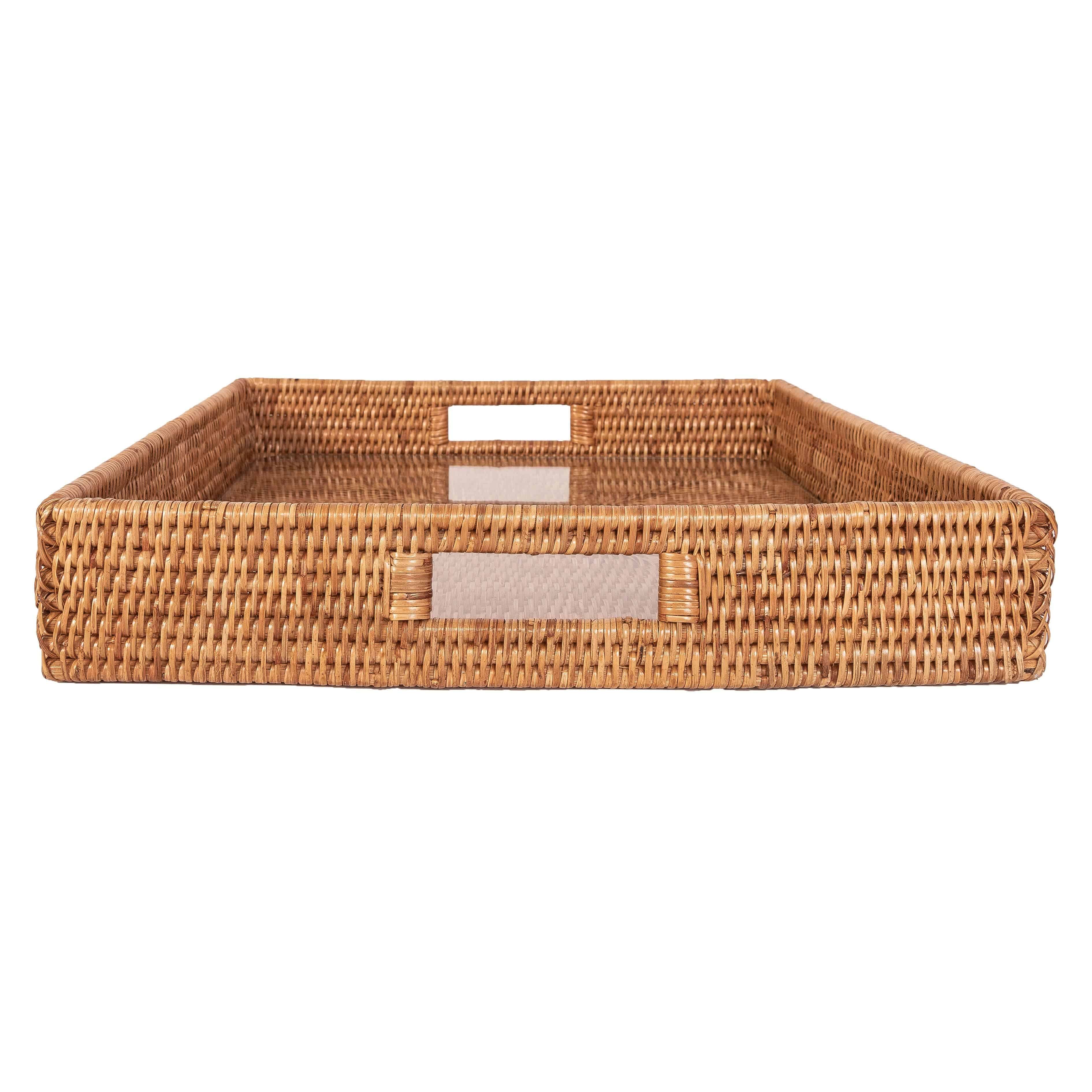 16" Rattan Square Serving Ottoman Tray with Glass Insert:  White Wash