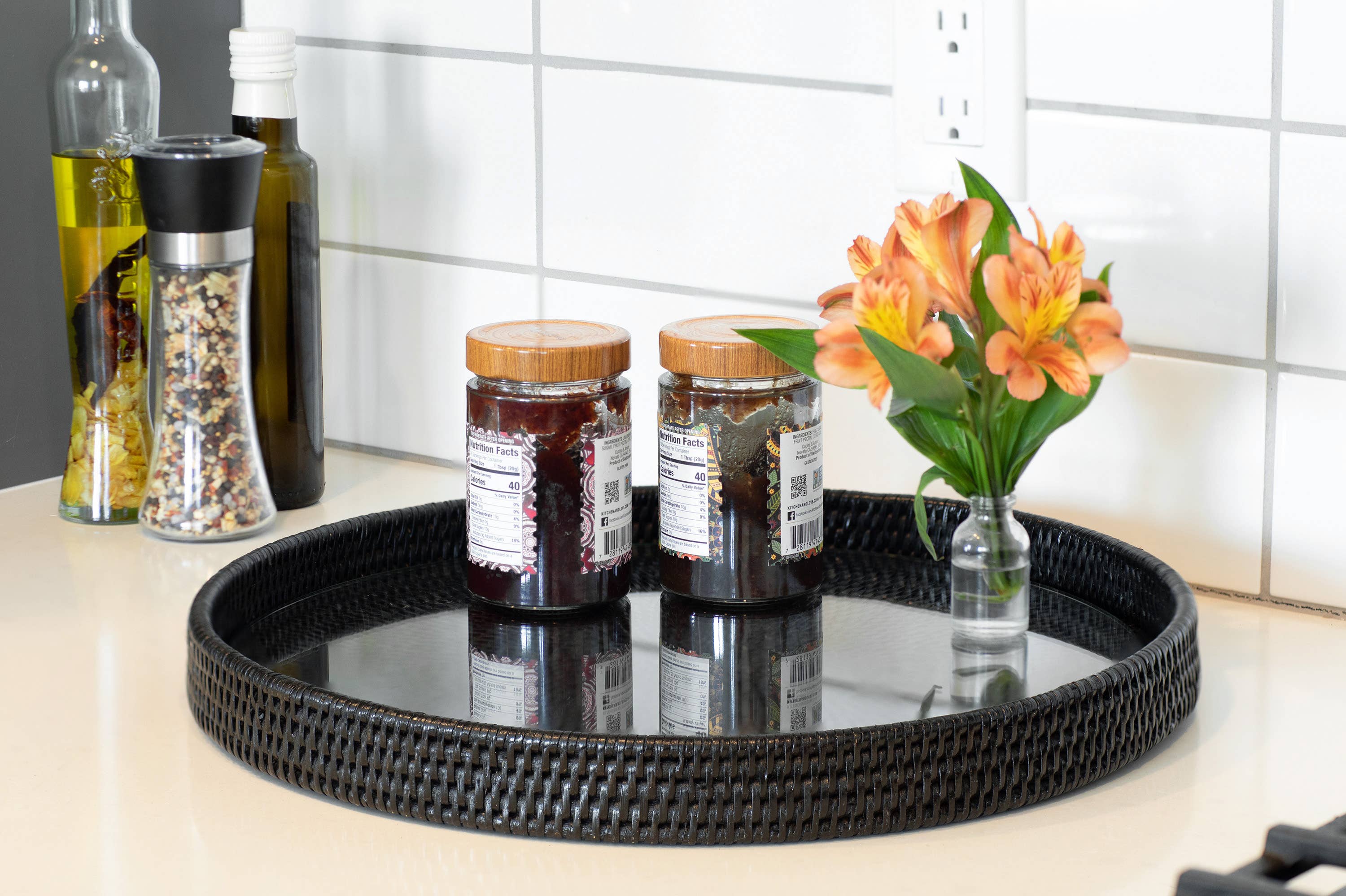 Artifacts Trading Company - Artifacts Rattan Round Serving-Ottoman Tray & Glass Insert: Tudor Black / 19"x2" - MaisonBeach