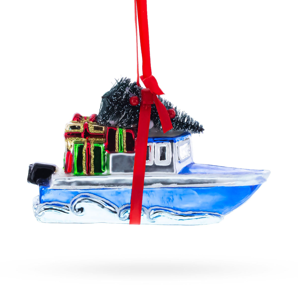 Boat with Tree and Present Glass Christmas Ornament - MaisonBeach