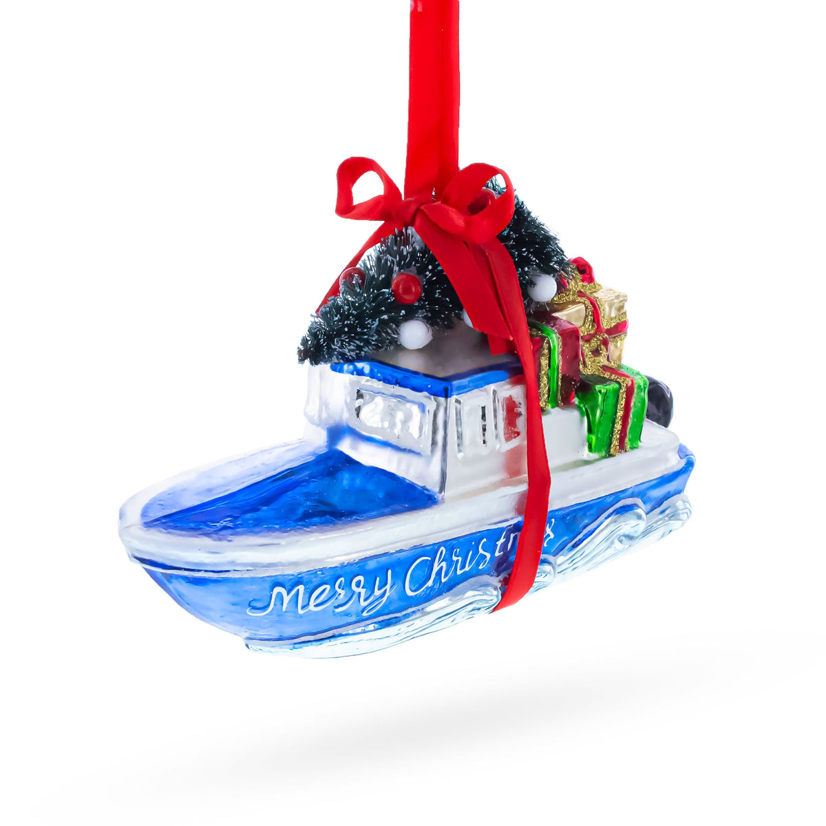Boat with Tree and Present Glass Christmas Ornament - MaisonBeach