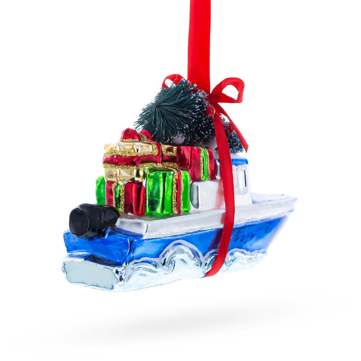 Boat with Tree and Present Glass Christmas Ornament - MaisonBeach