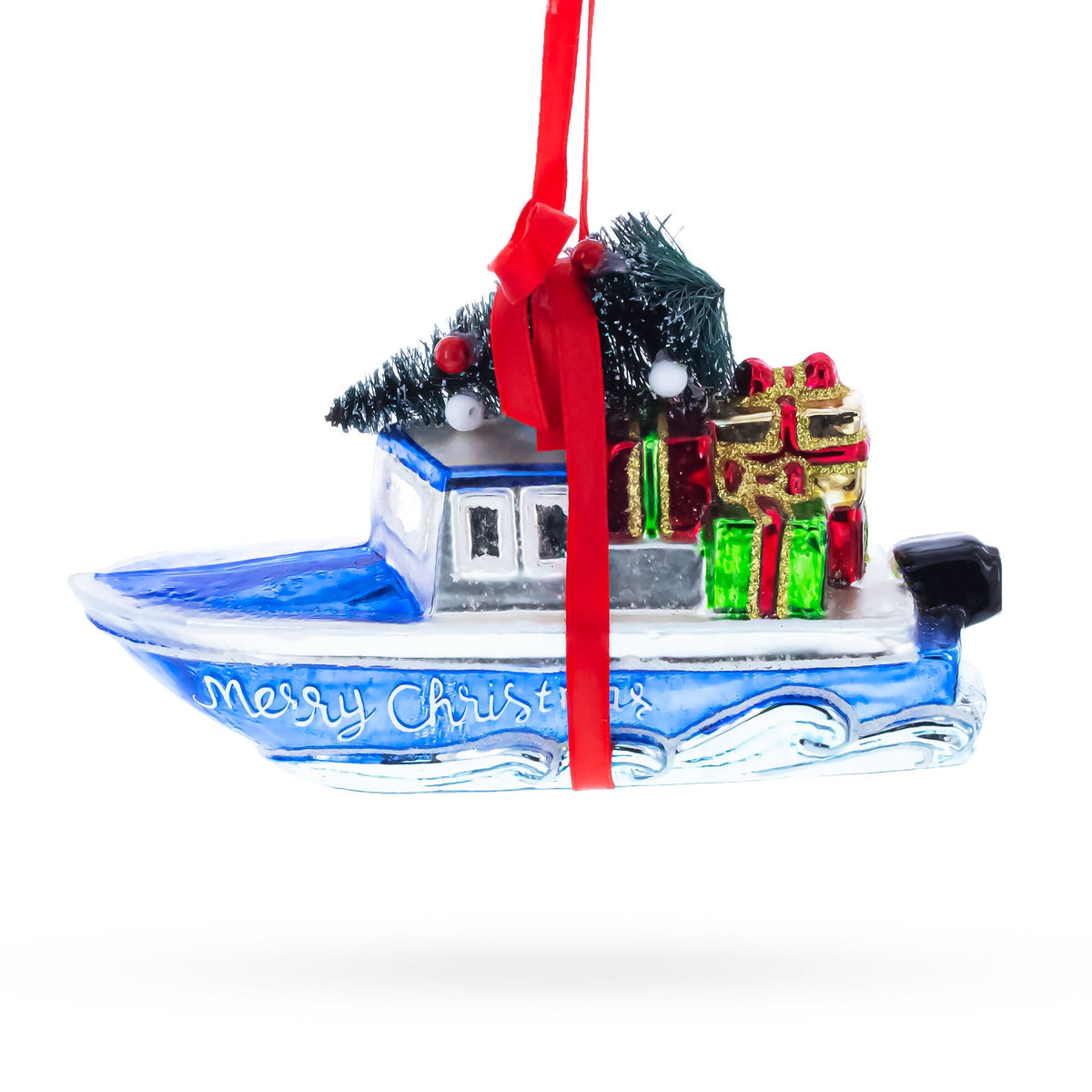 Boat with Tree and Present Glass Christmas Ornament - MaisonBeach
