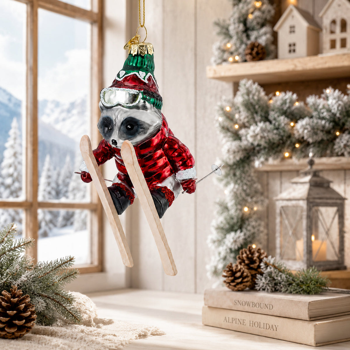 Raccoon Skier with Goggles Glass Christmas Ornament - MaisonBeach
