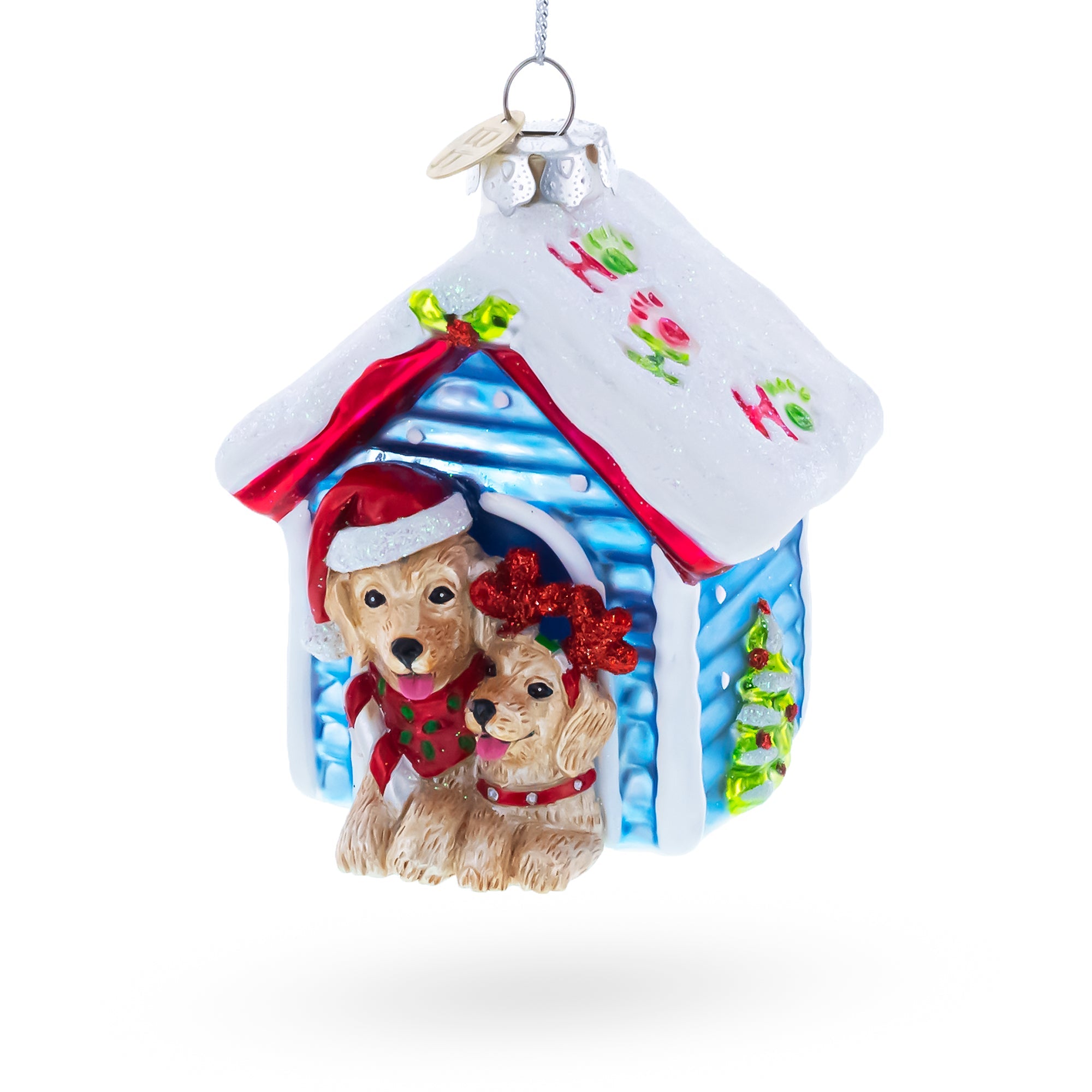 Christmas Doghouse with Two Holiday Puppies Glass Christmas Ornament - MaisonBeach