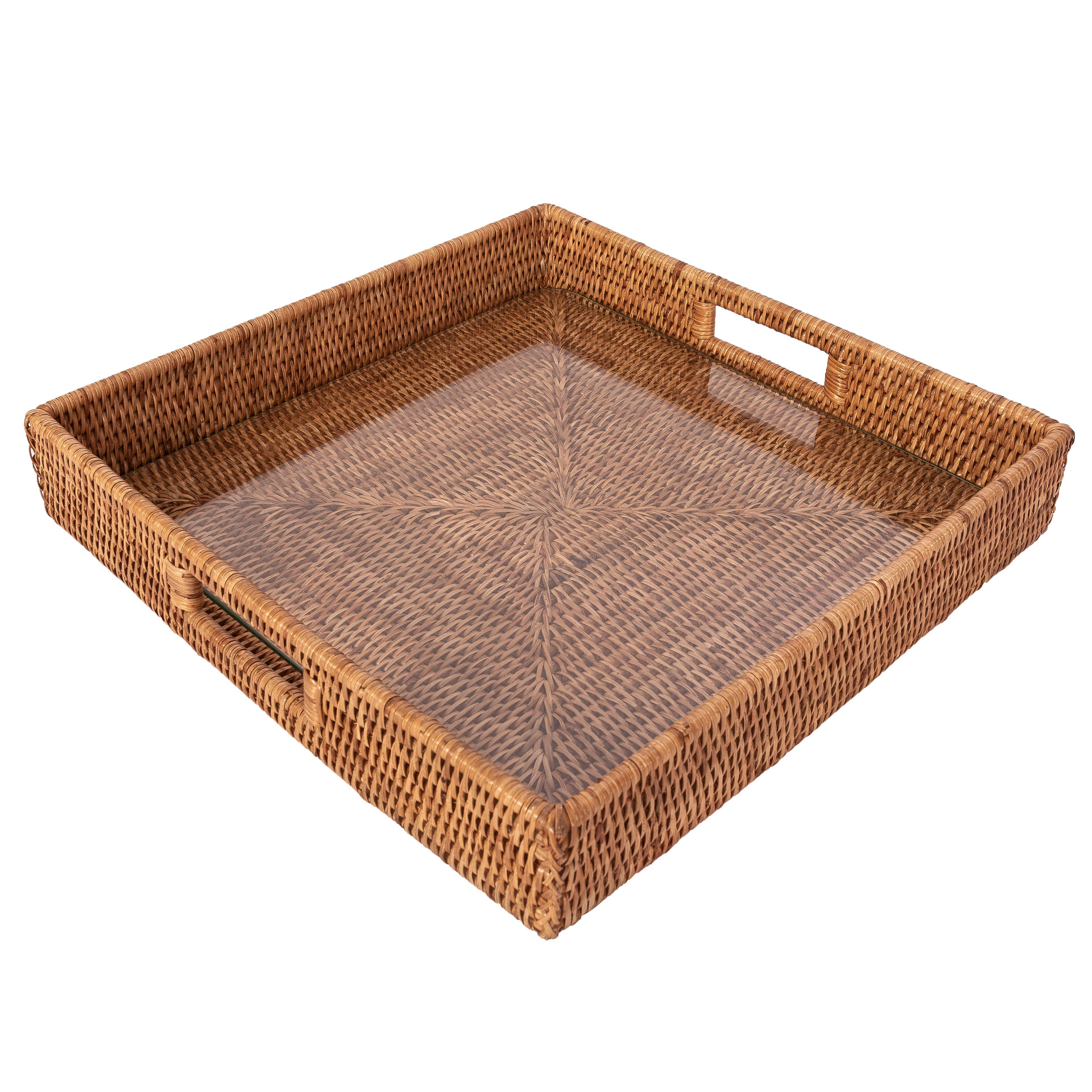 16" Rattan Square Serving Ottoman Tray with Glass Insert:  White Wash