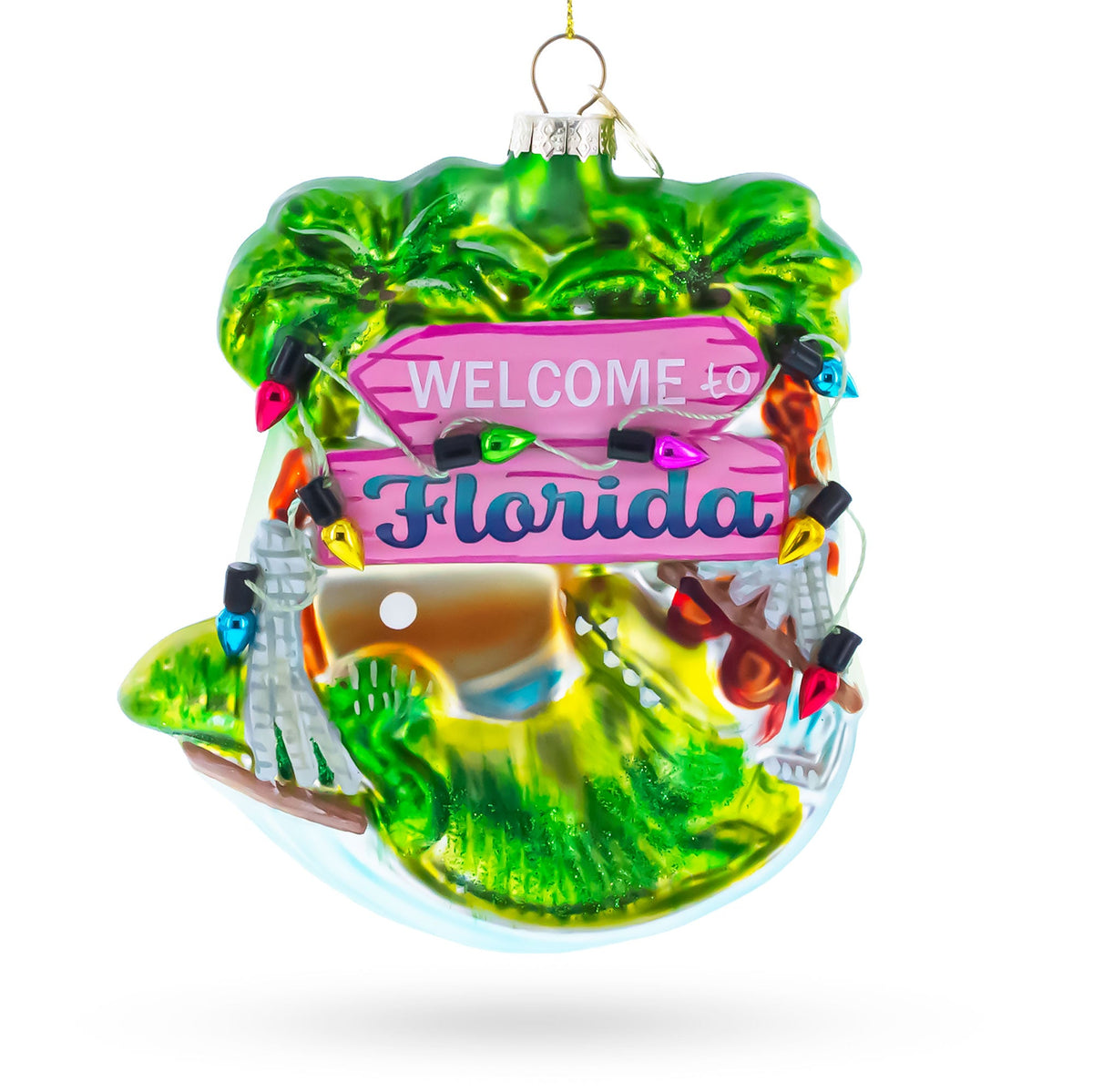 Florida Palm Tree Welcome Sign Glass Christmas Ornament - MaisonBeach