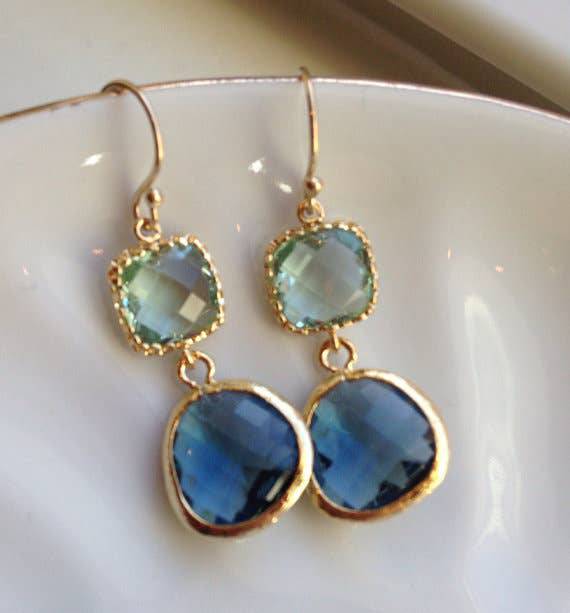 Laalee Jewelry - Sapphire Navy Prasiolite Glass Gold Plated Earrings - MaisonBeach
