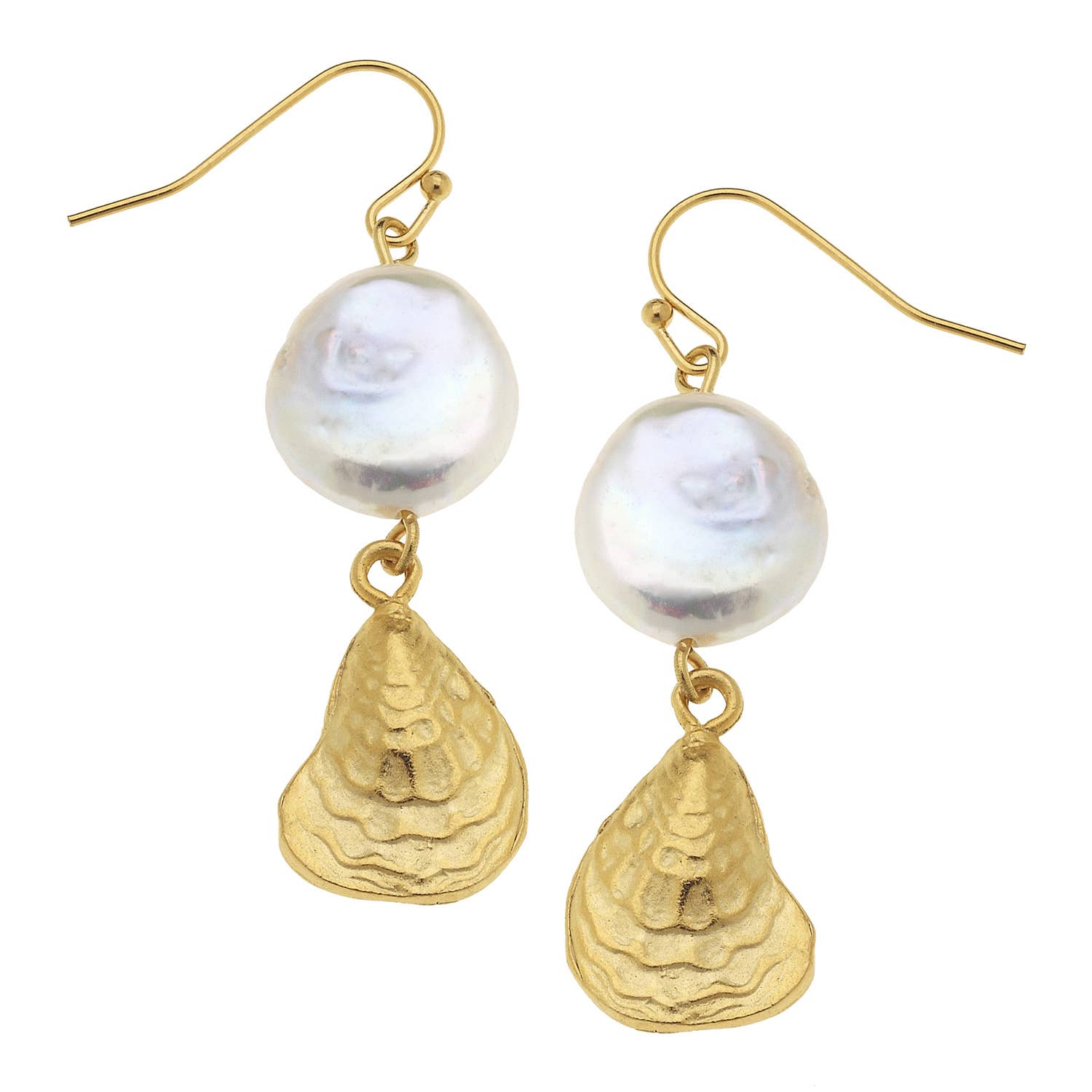 Susan Shaw - Gold Oyster Shell with Genuine Freshwater Pearl Earrings