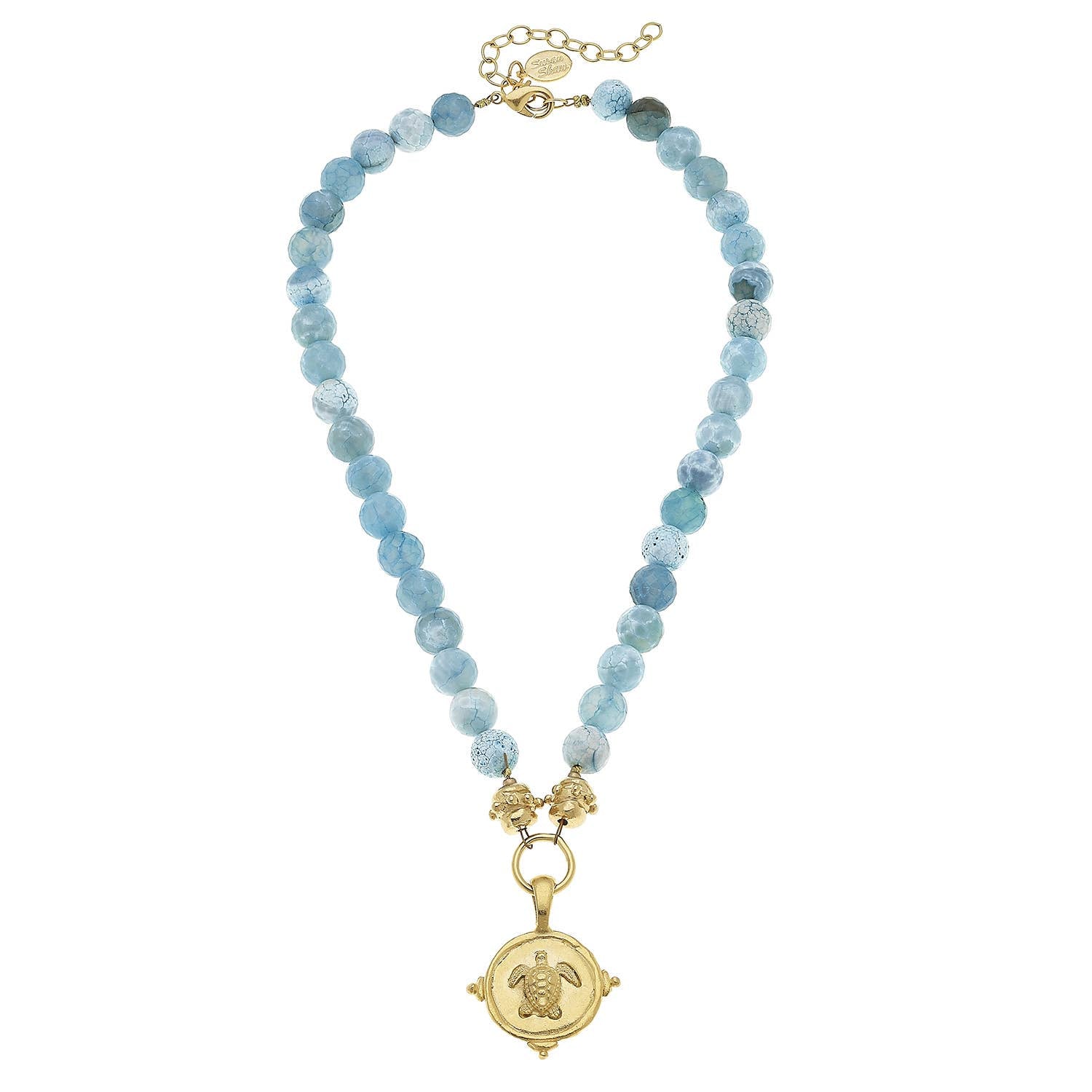 Susan Shaw - Gold Turtle on Aqua Fire Agate Necklace
