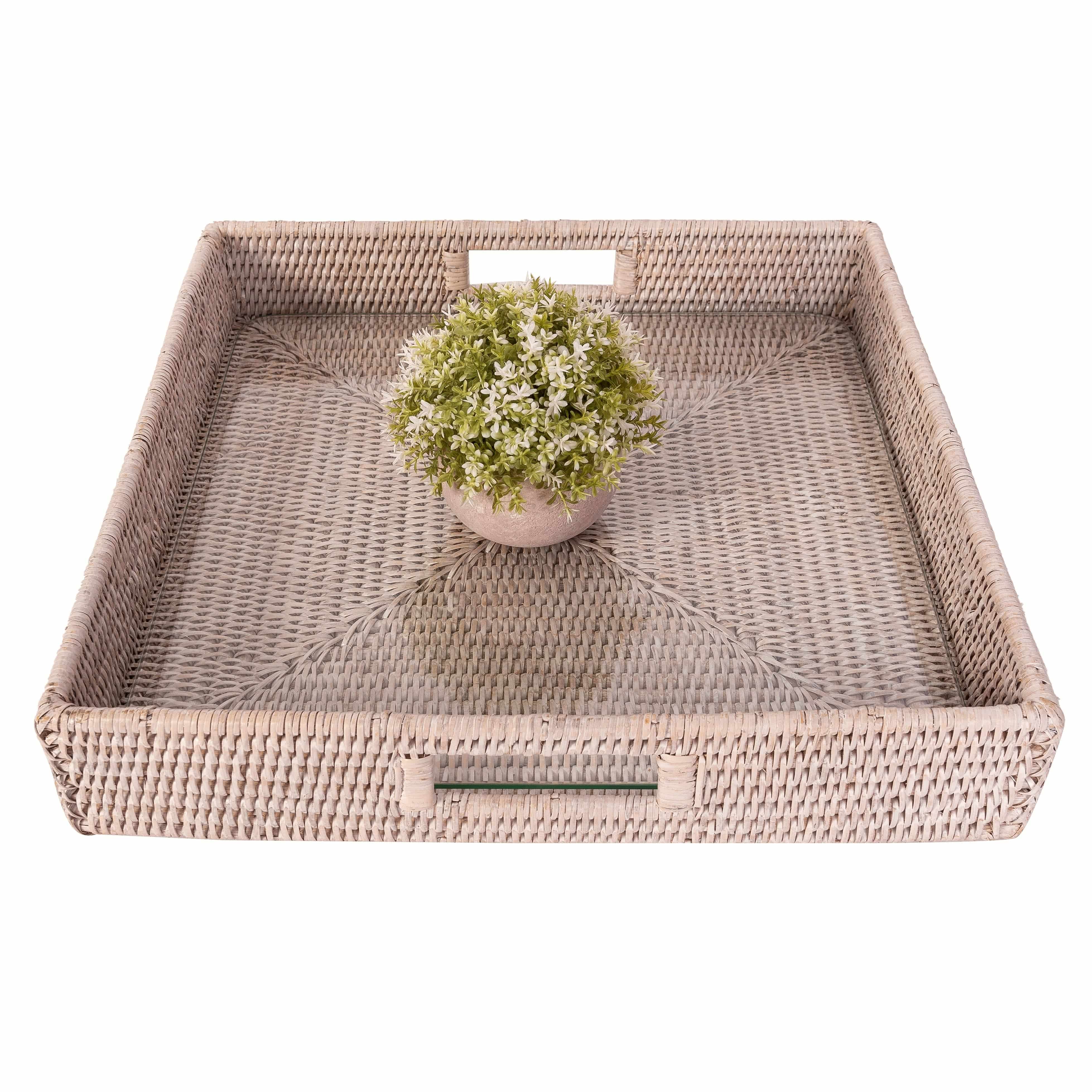 16" Rattan Square Serving Ottoman Tray with Glass Insert:  White Wash